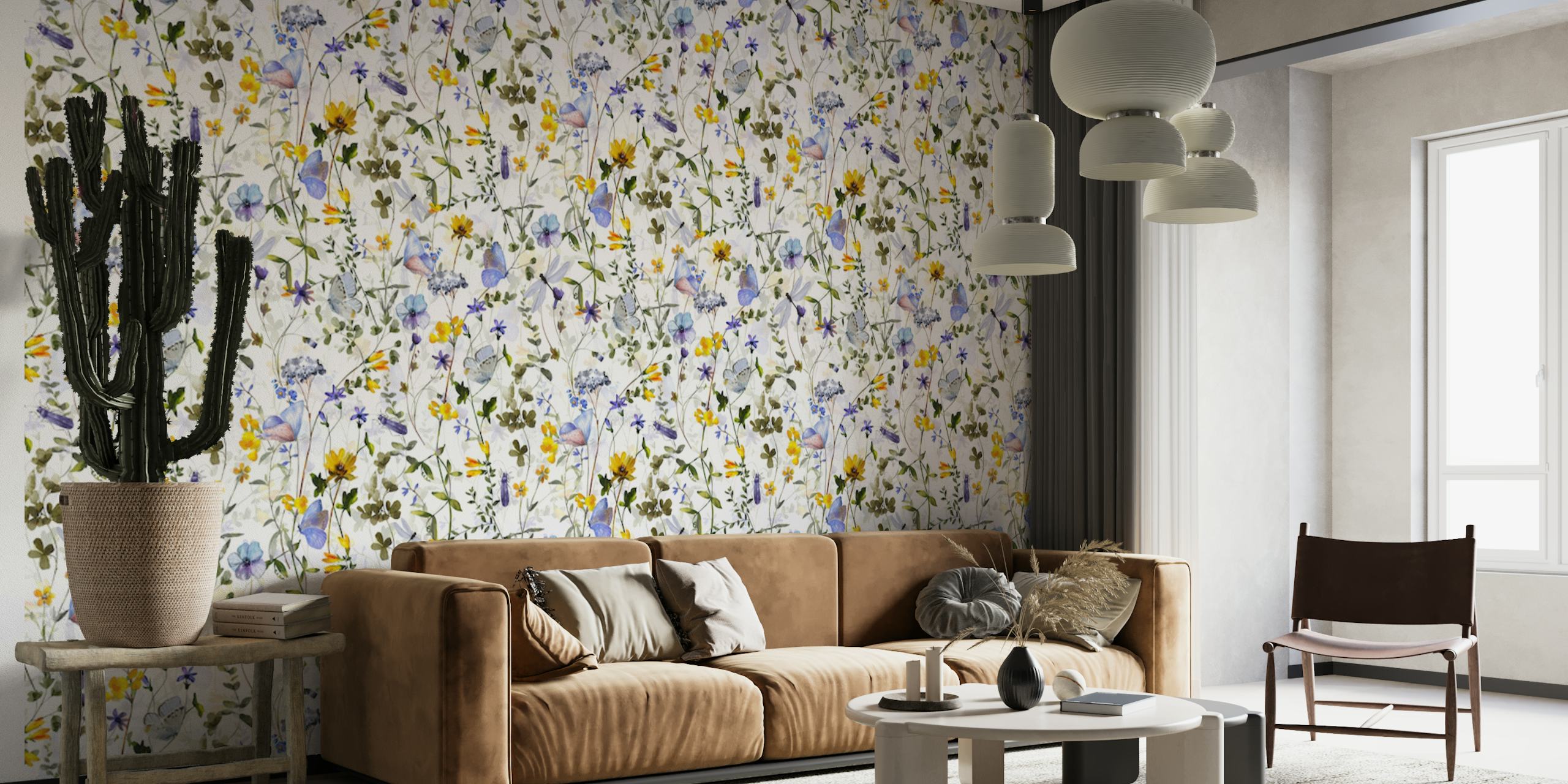 delicate white and yellow wildflowers in a sun-kissed meadow wall mural