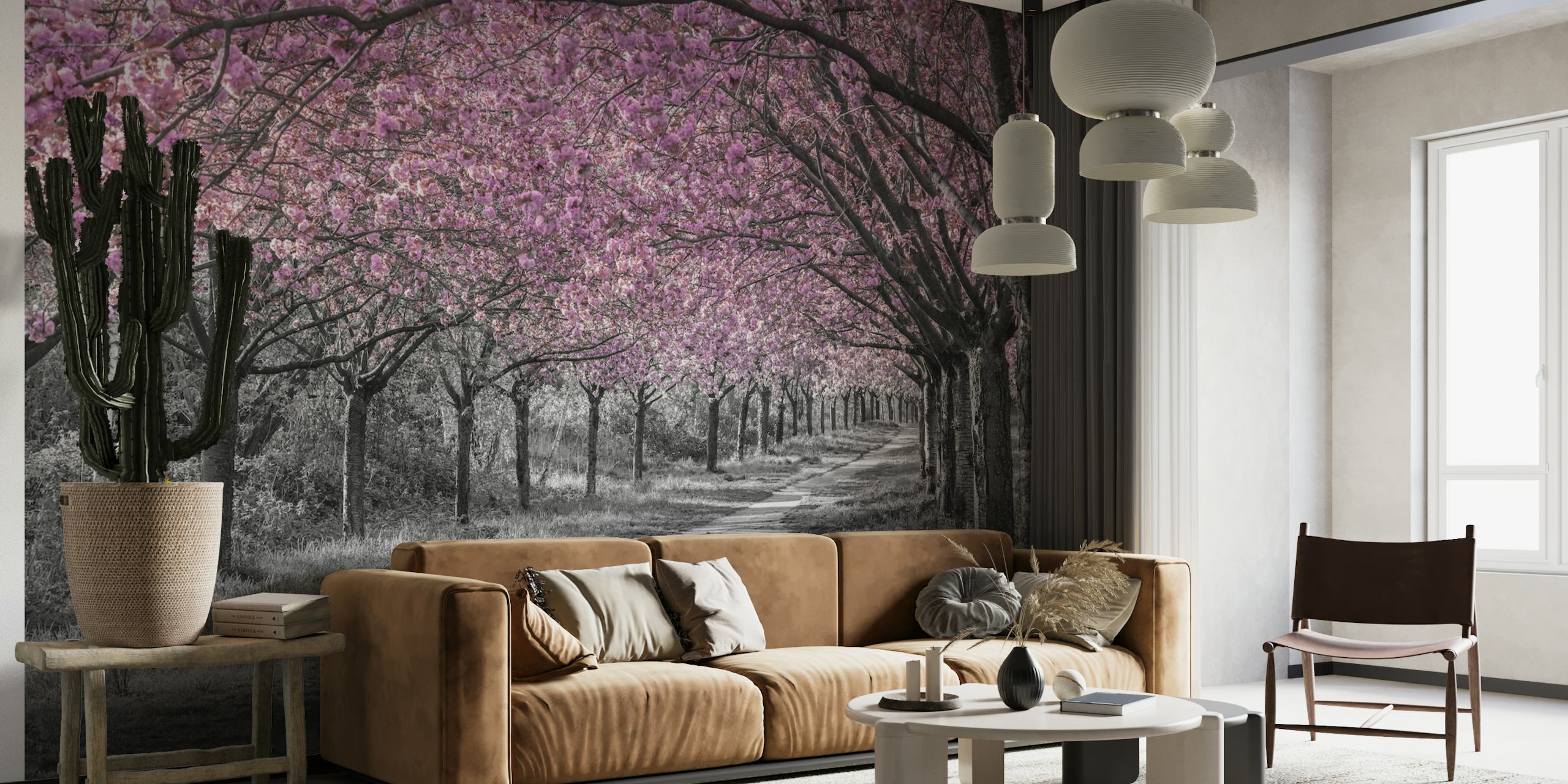 Cherry blossom path wall mural with pink blooms and a grayscale background