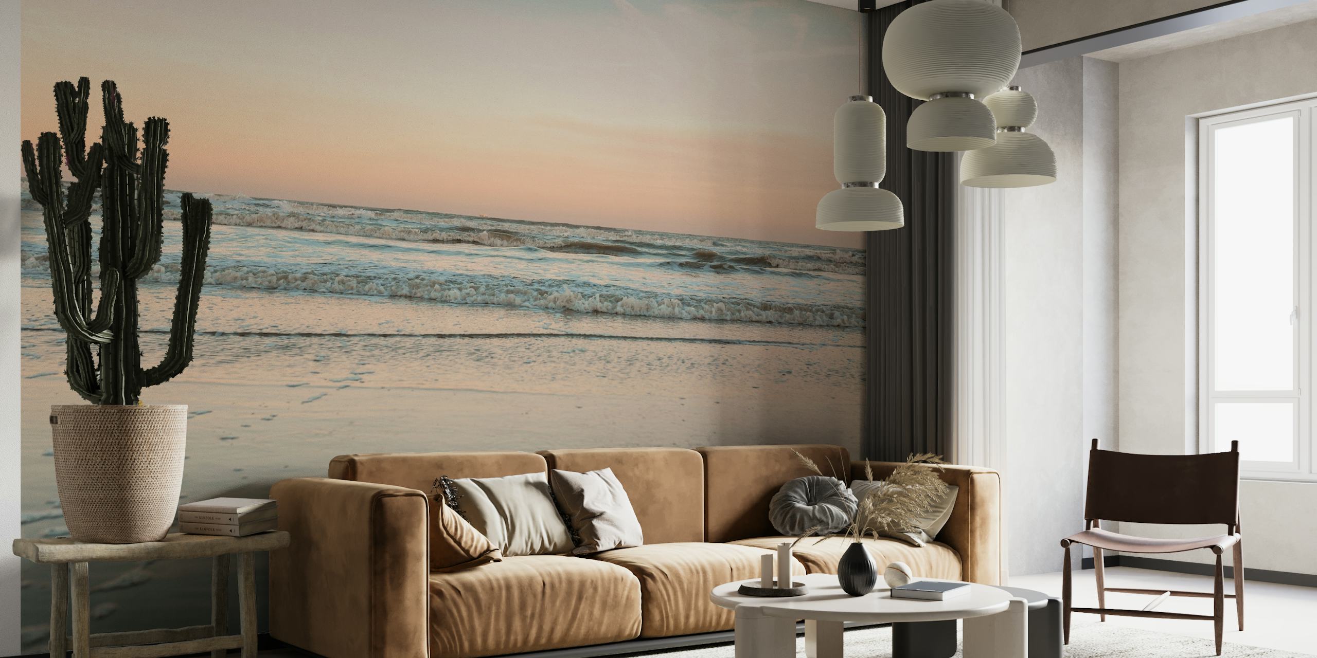 Ocean waves at sunrise with blue and peach hues beach wallpaper