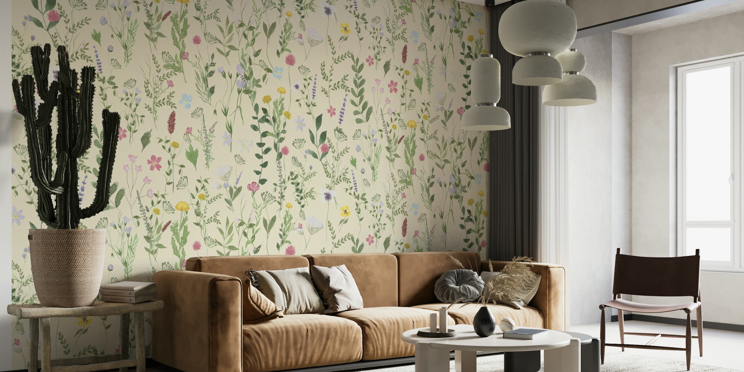Colorful spring meadow flowers on pale background wallpaper