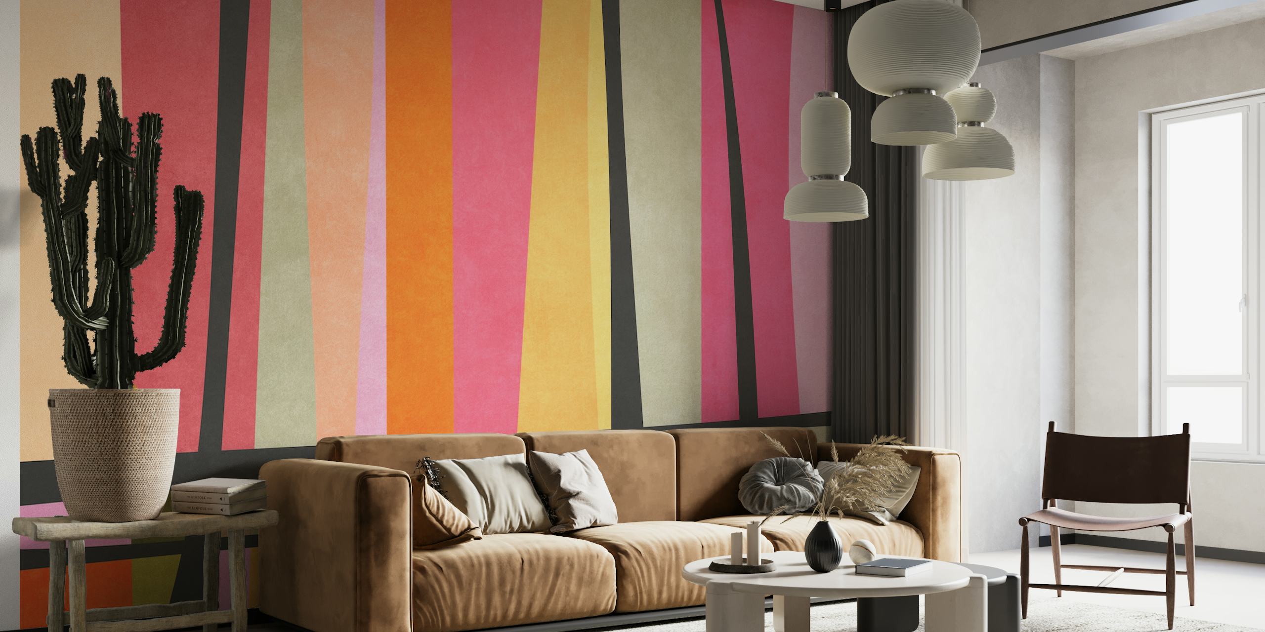 Colorful striped wallpaper with pink, orange, and yellow tones in a modern abstract style.
