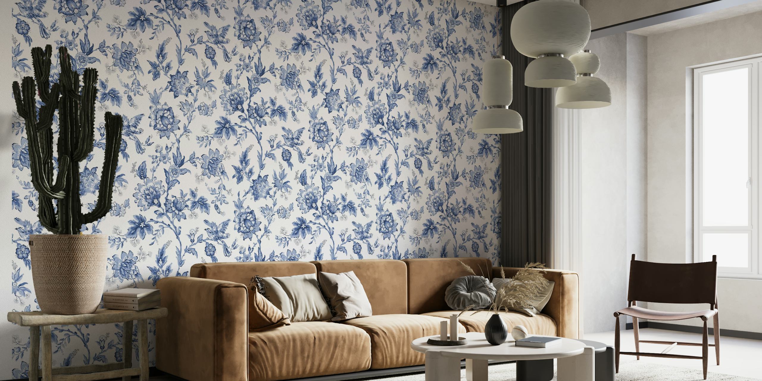 Elegant vintage blue and white floral wallpaper mural