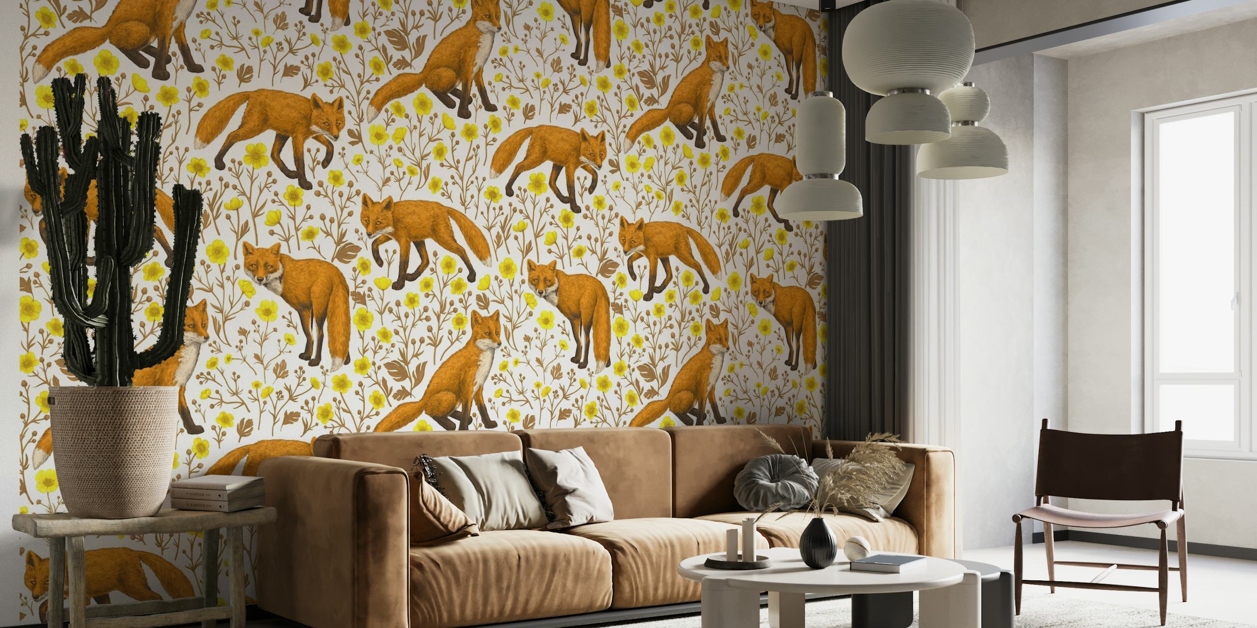 Orange foxes and yellow buttercups pattern wall mural