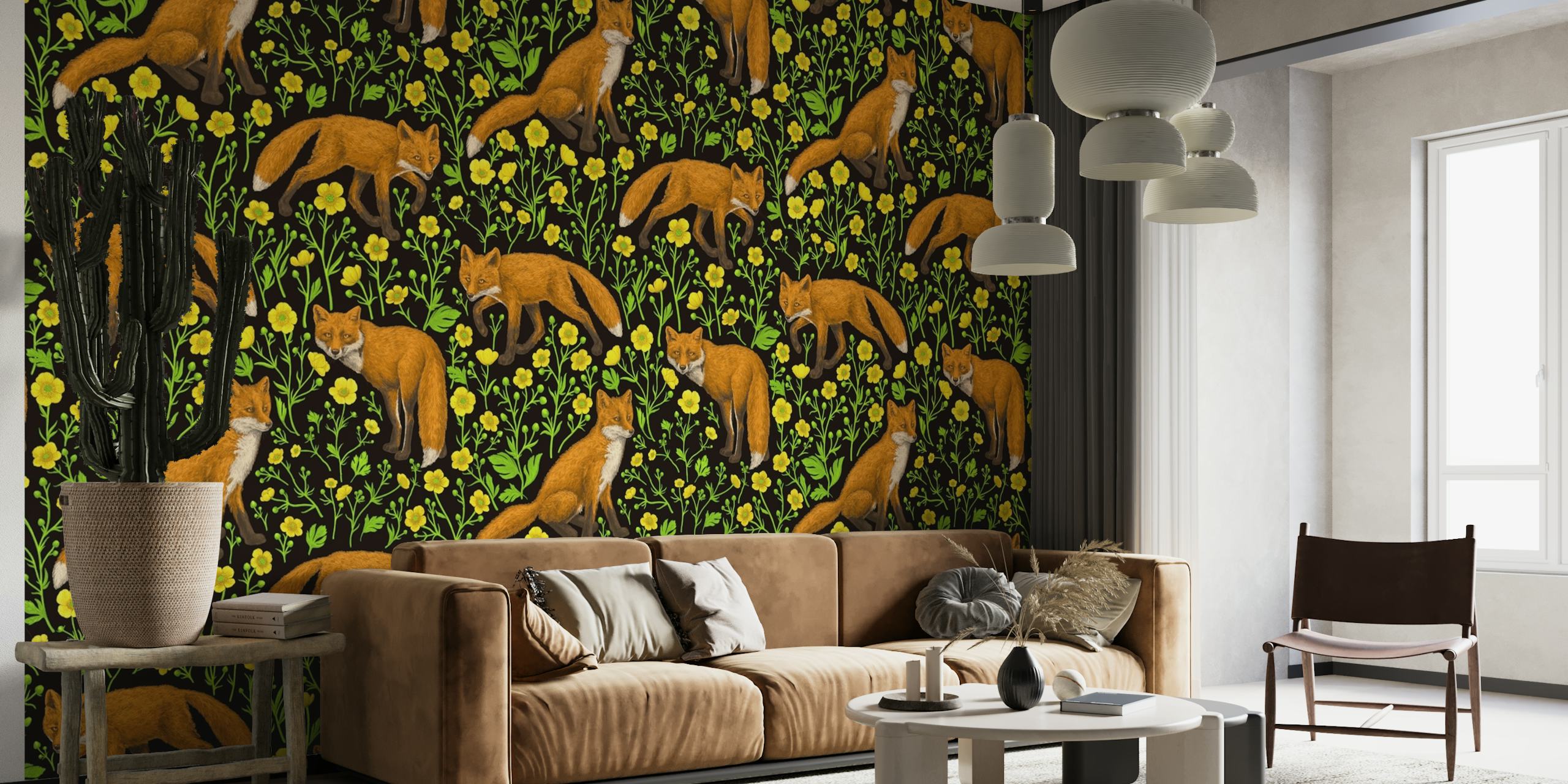 Foxes and buttercups on black wallpaper