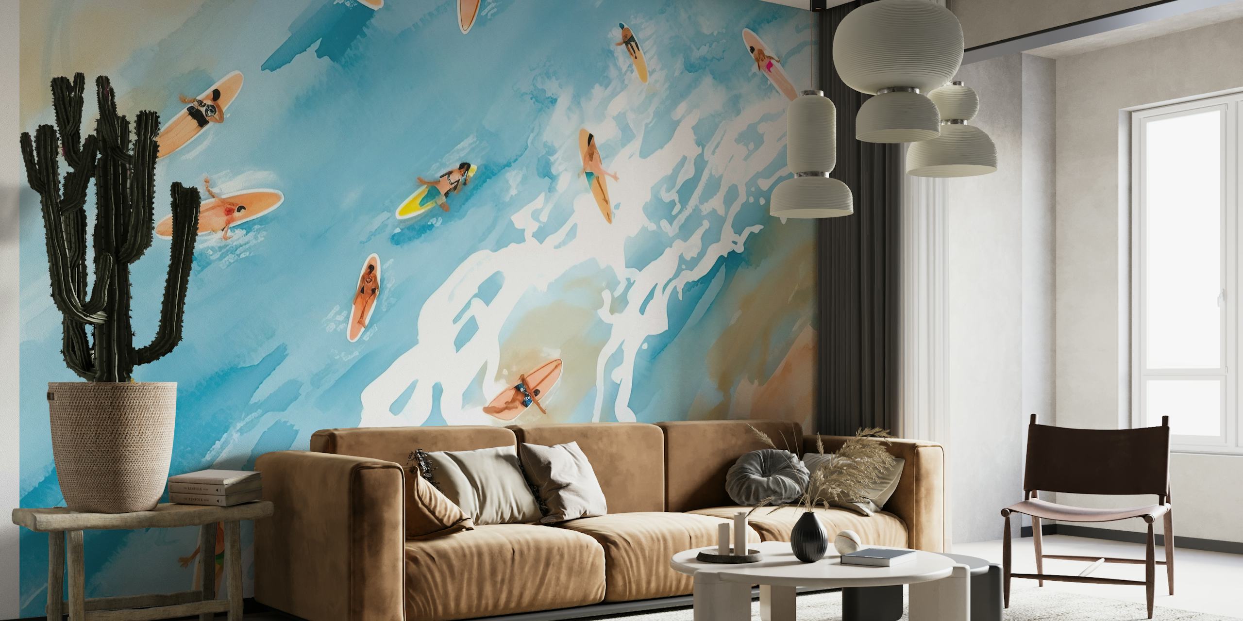 Surfers on colorful waves, blue ocean and tan sand wallpaper