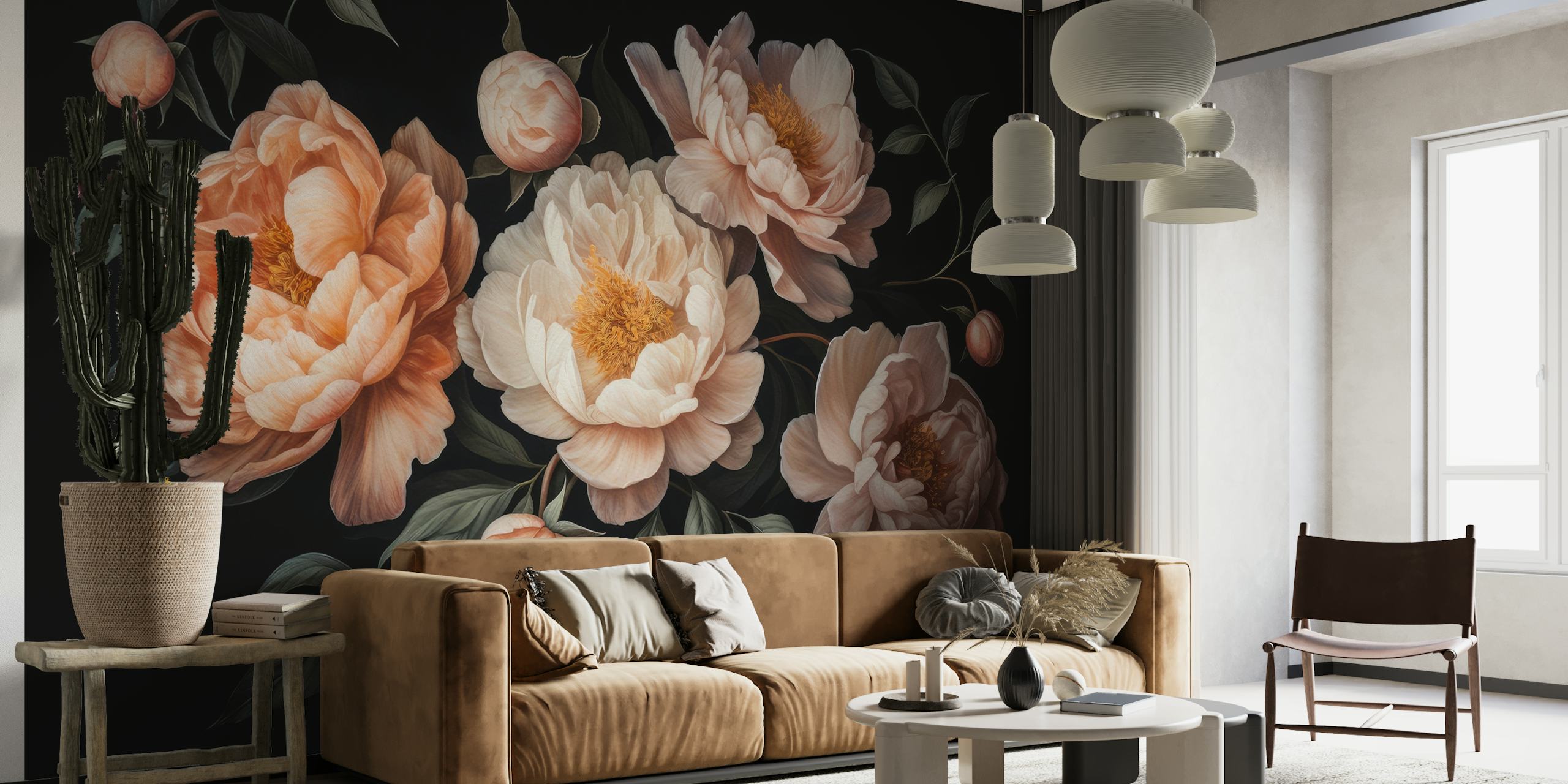 Elegant peach peonies on a dark background in a baroque night garden wall mural