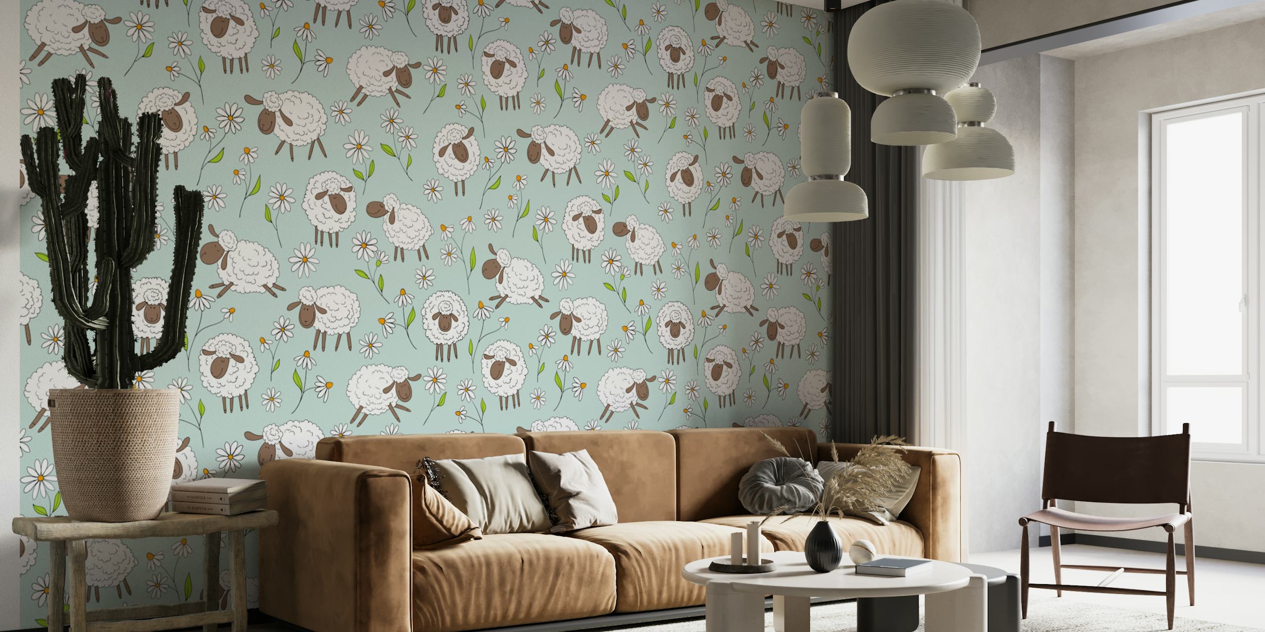 Sheep and daisies wallpaper in a kids room
