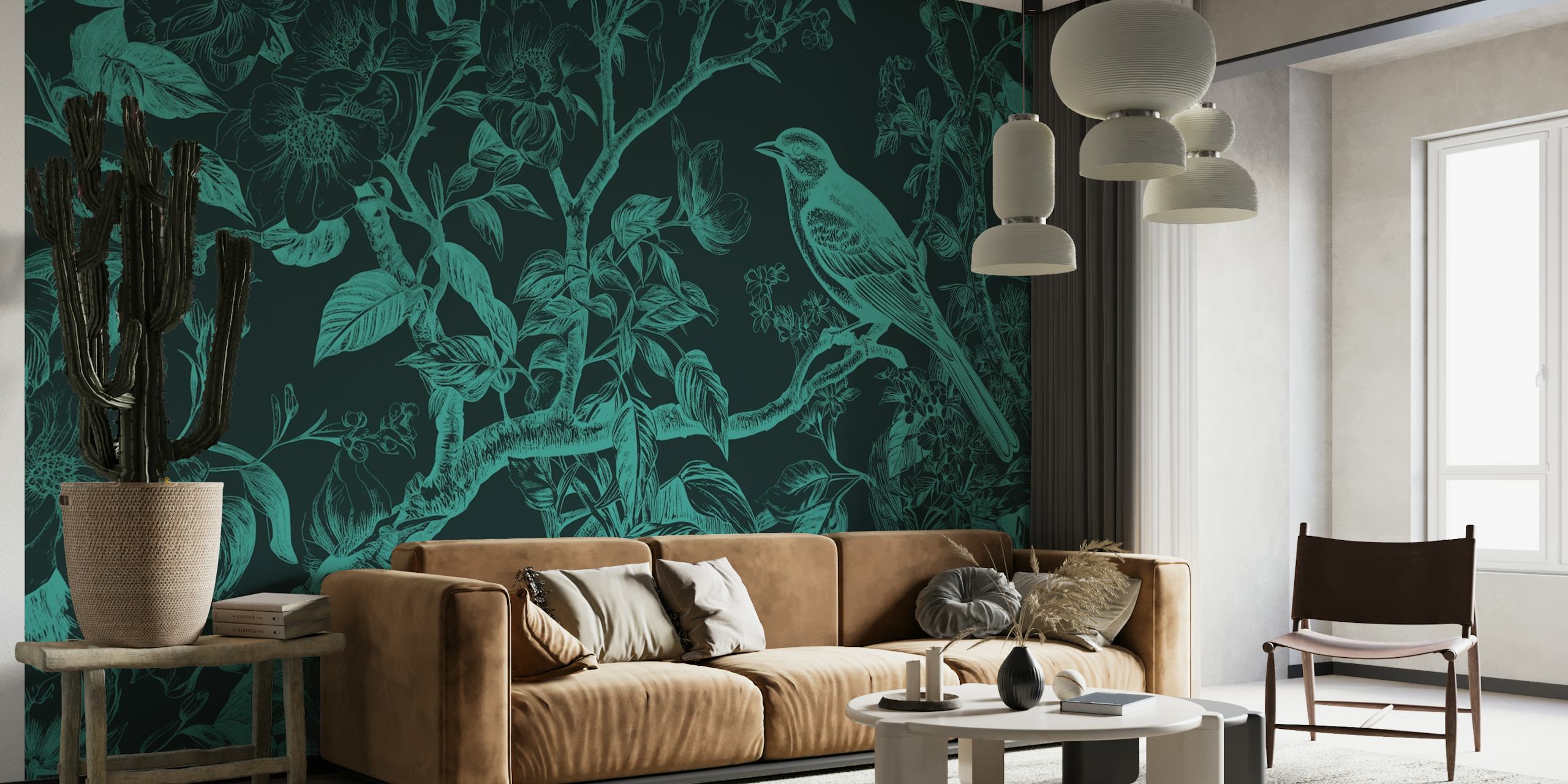 Classic blue bird wall mural with floral patterns in a blue-tone palette