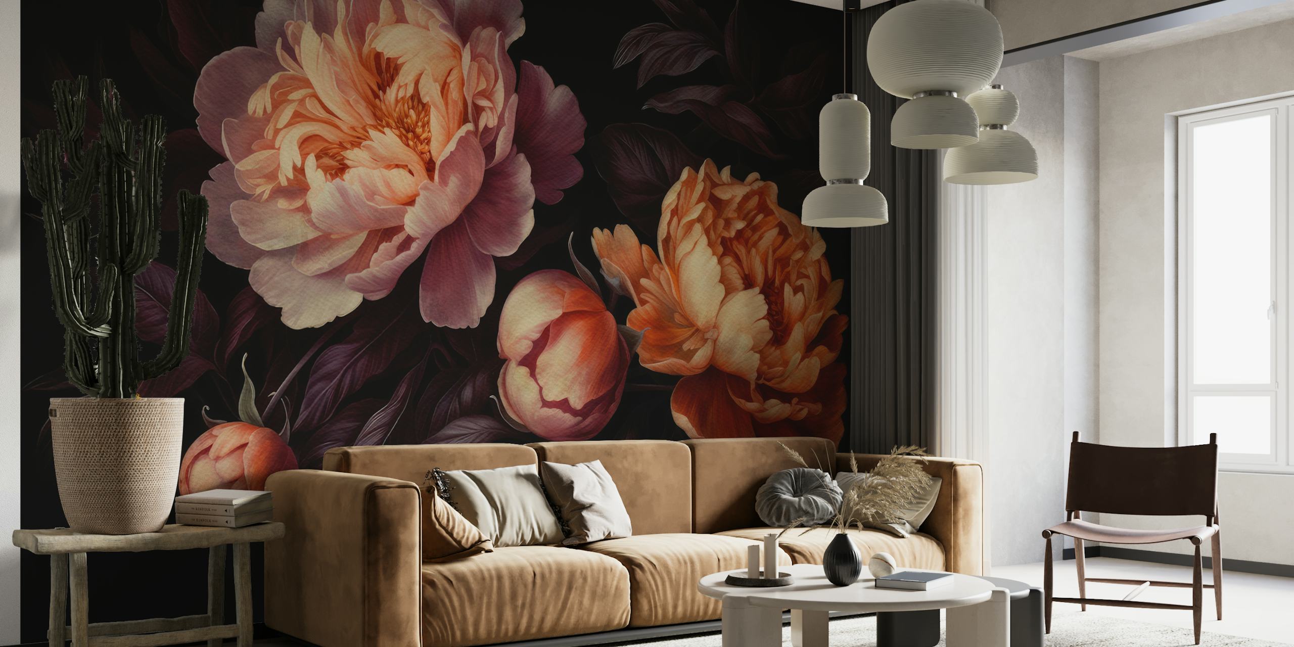 Dark floral wallpaper with peonies in shades of peach and orange, botanical design.
