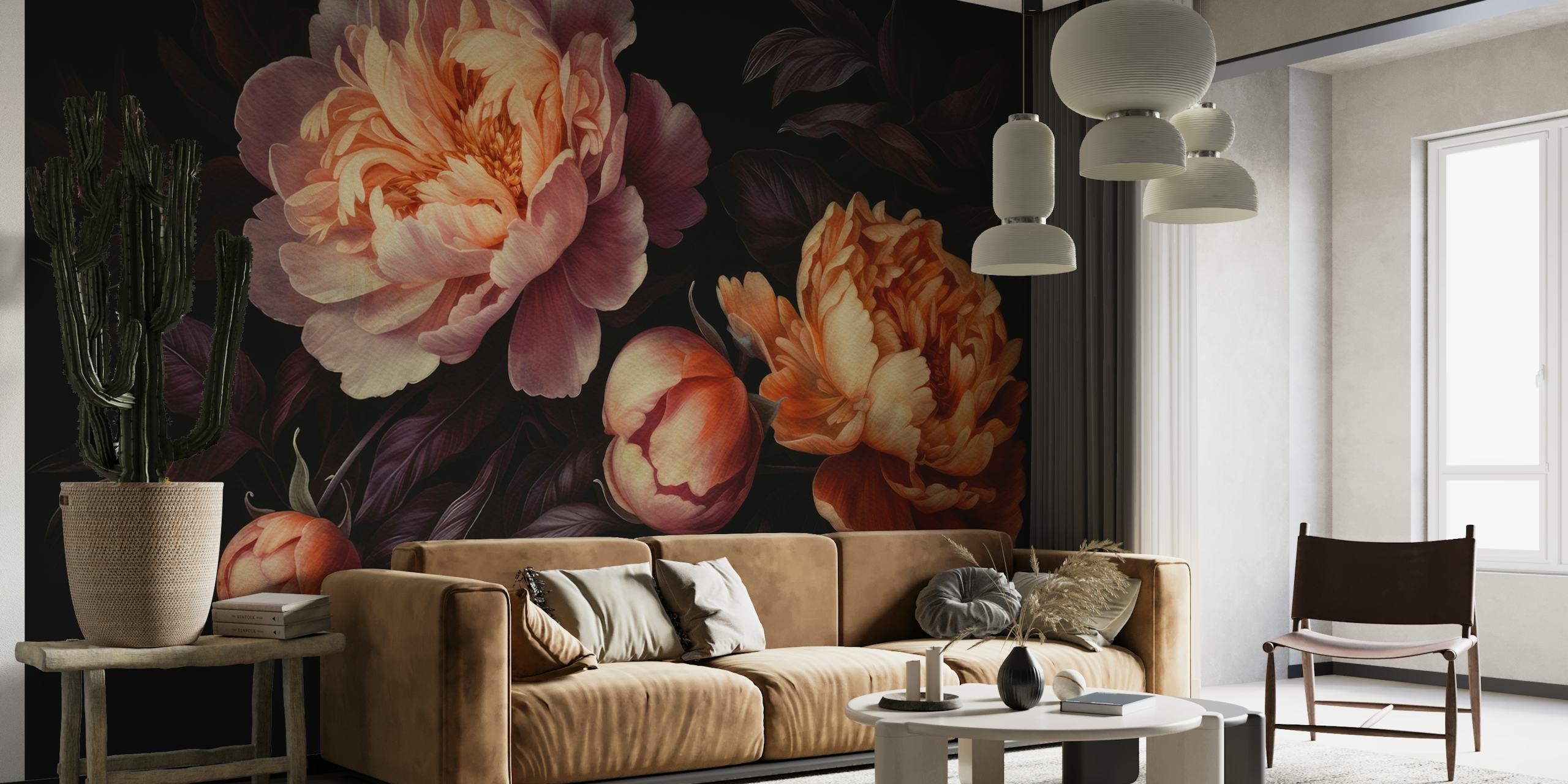 Baroque-style peonies in dark, rich tones on a wall mural