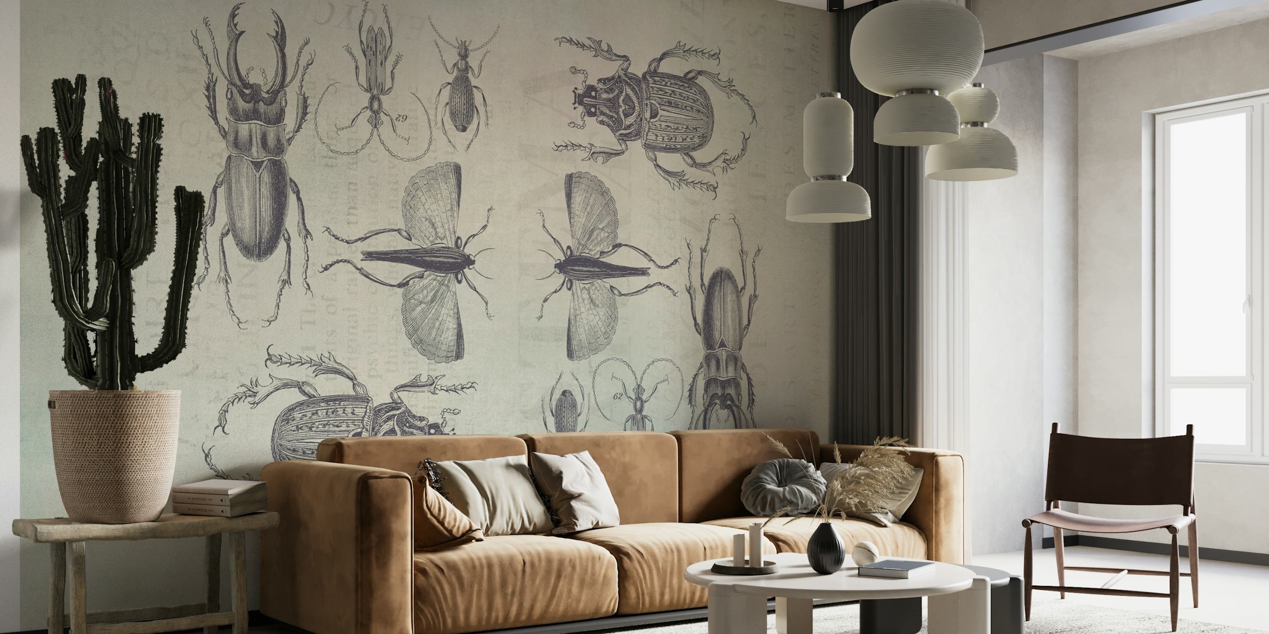 Bugs and Beetles -seinämaalaus, jossa on yksityiskohtaisia kuvia hyönteisistä vintage-taustalla