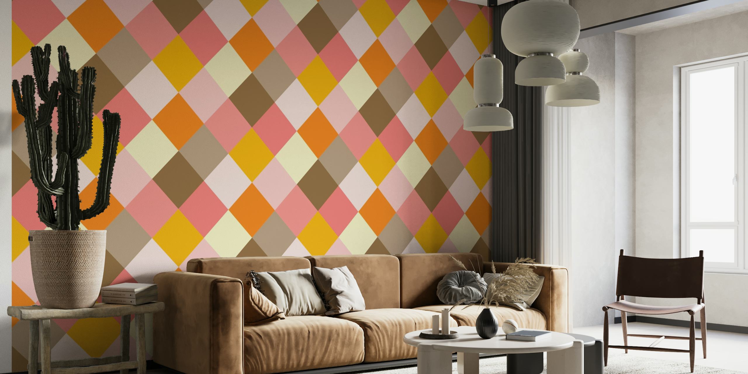 Retro Square Tiles Pink Blush papel de parede