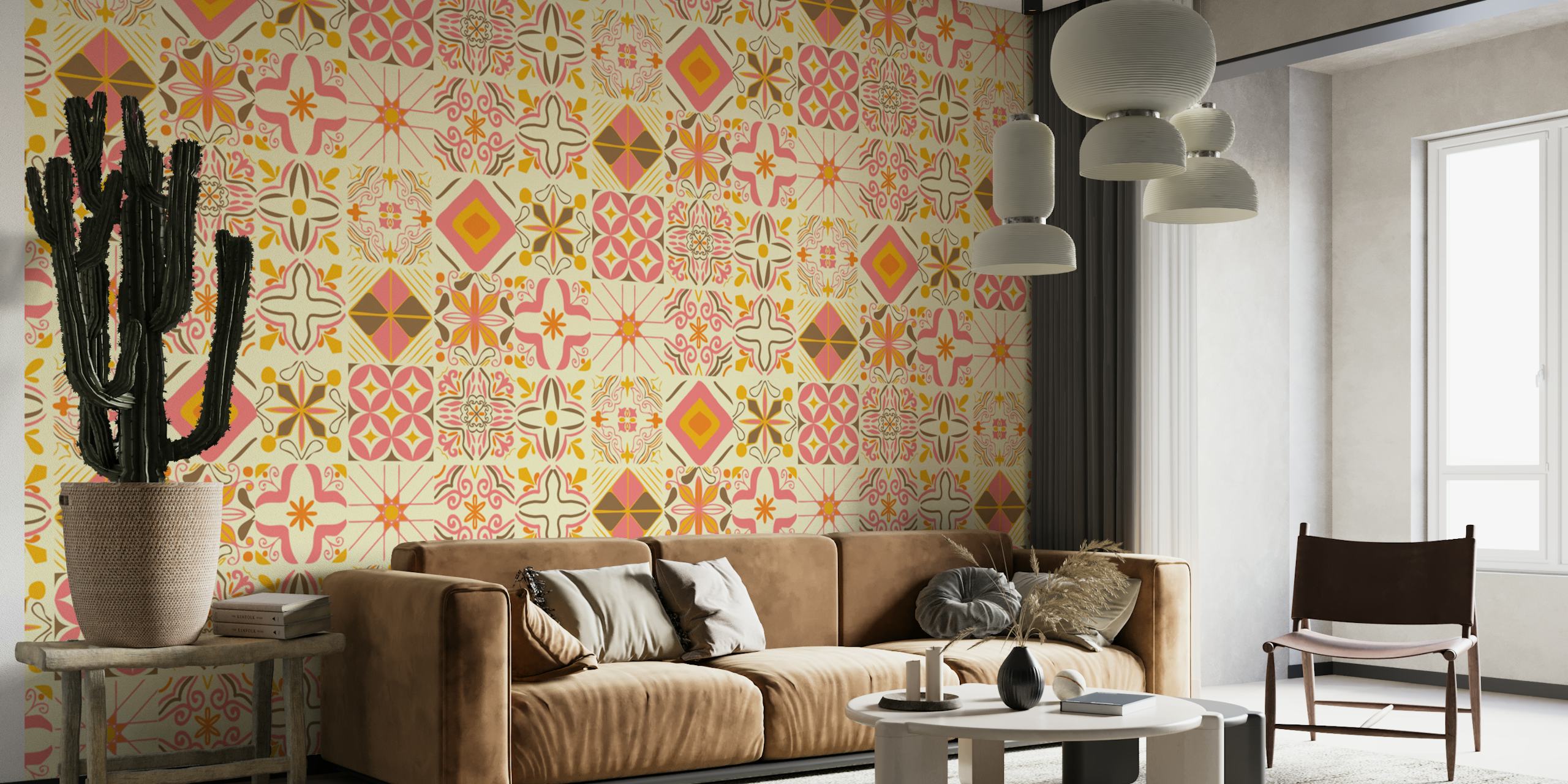 Portuguese Tiles Pink Yellow wallpaper in a room