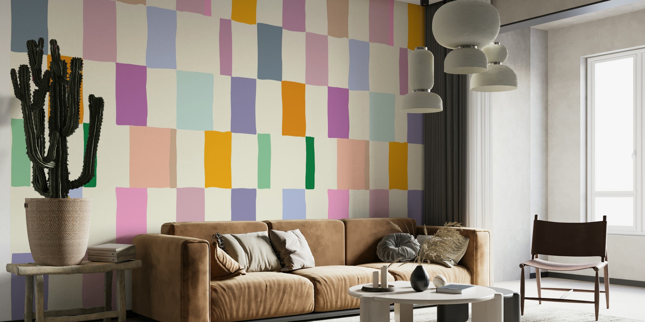 Summer check hand-drawn wallpaper in a room
