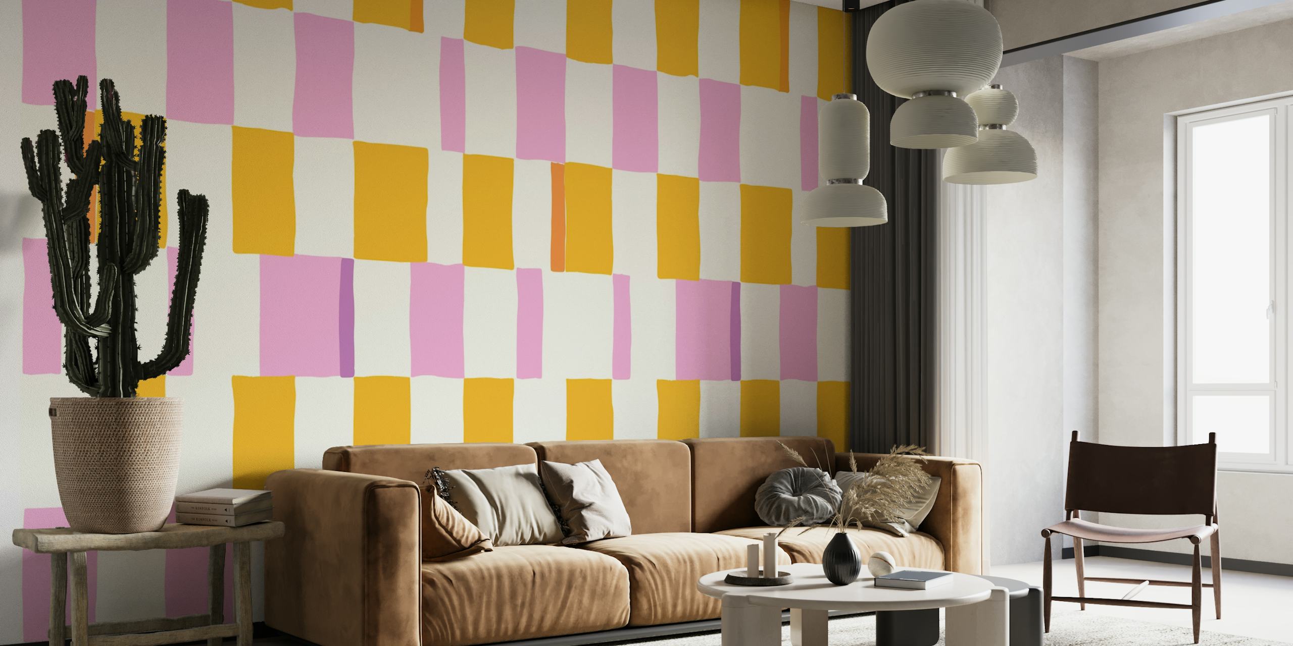 Fotomural vinílico de parede xadrez laranja e rosa desenhado à mão