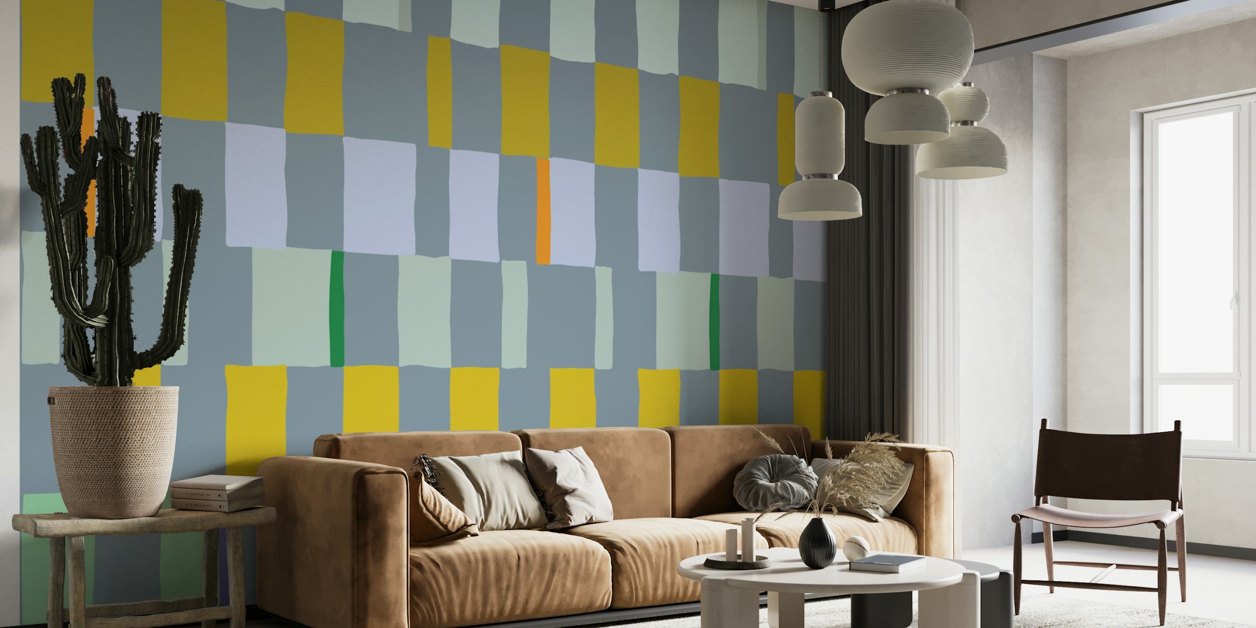 Mural de parede com padrão xadrez desenhado à mão em azul-petróleo, amarelo e cinza