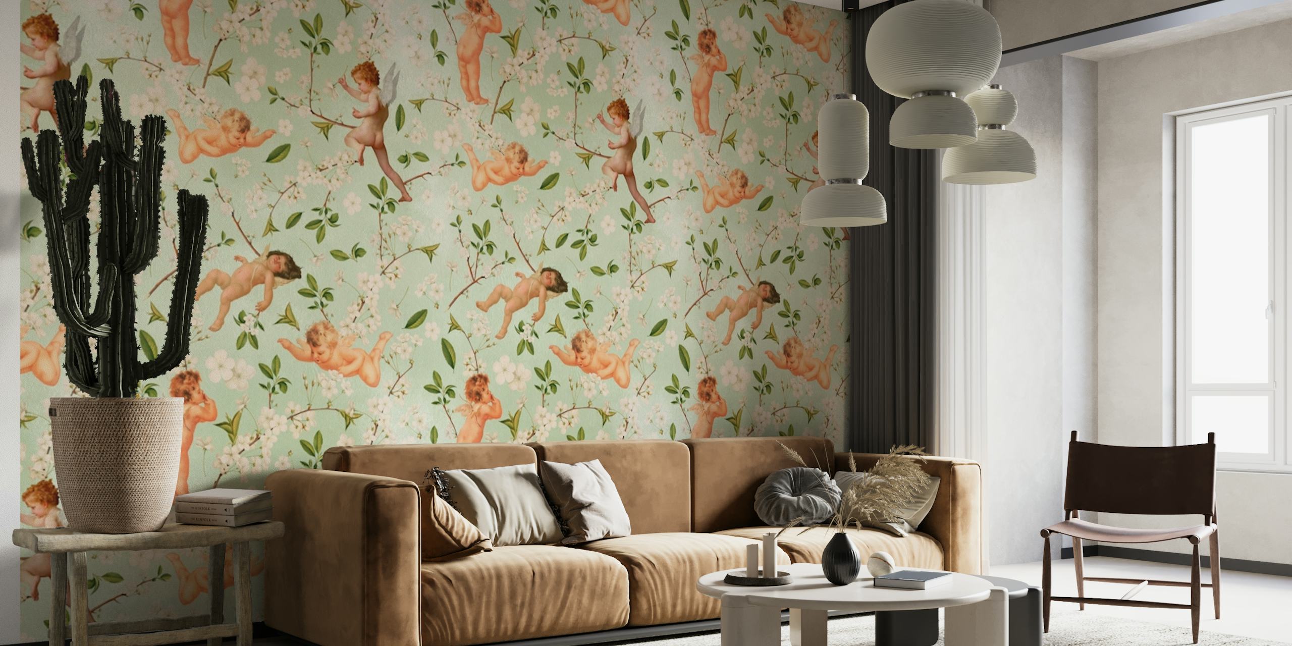 Cherry Blossoms and Cherubs wall mural depicting playful cherubs among soft pink flowers and green leaves.