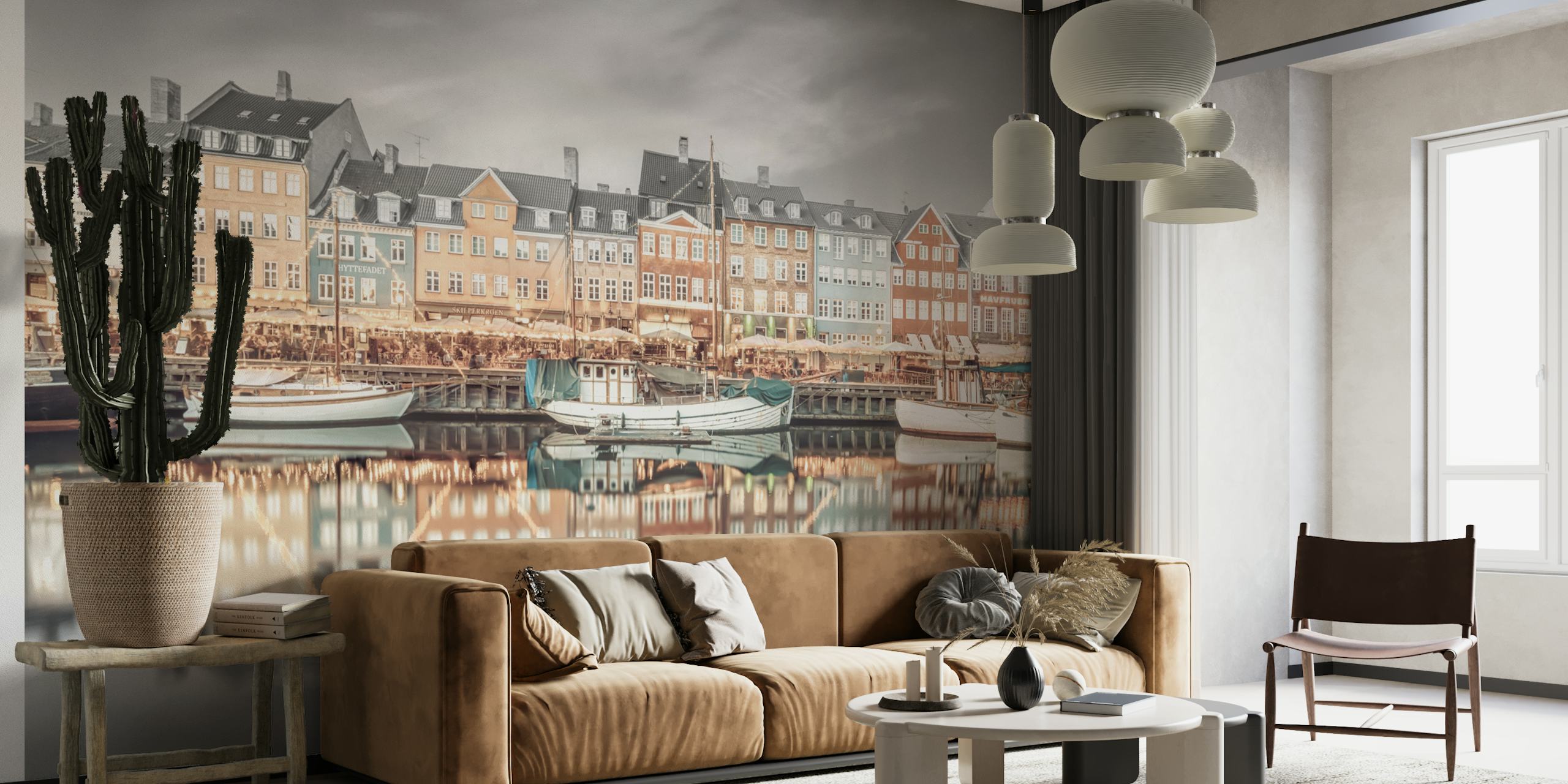 Copenhagen vintage waterfront view with colorful buildings and boats wallpaper