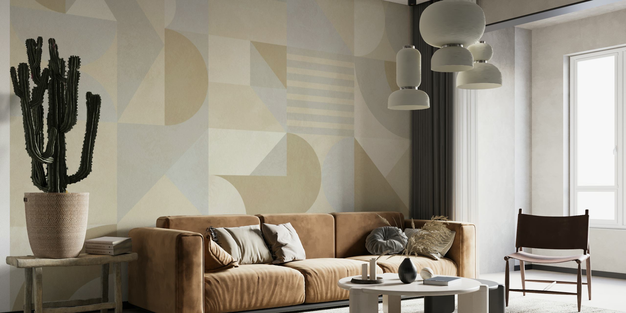 Beige mid century geometric wallpaper
