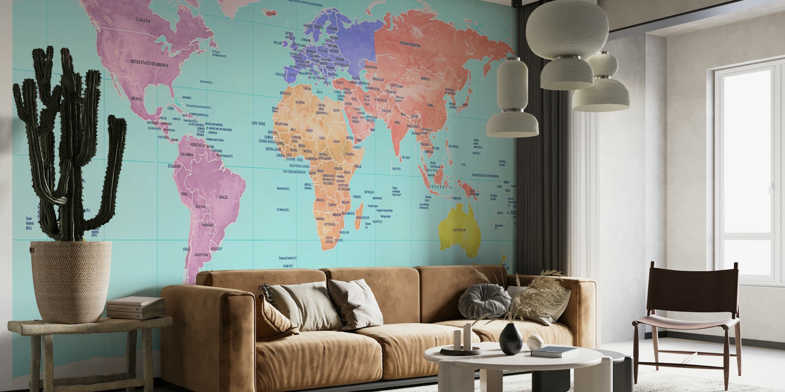 Colorful world map wallpaper with vibrant continents and oceans