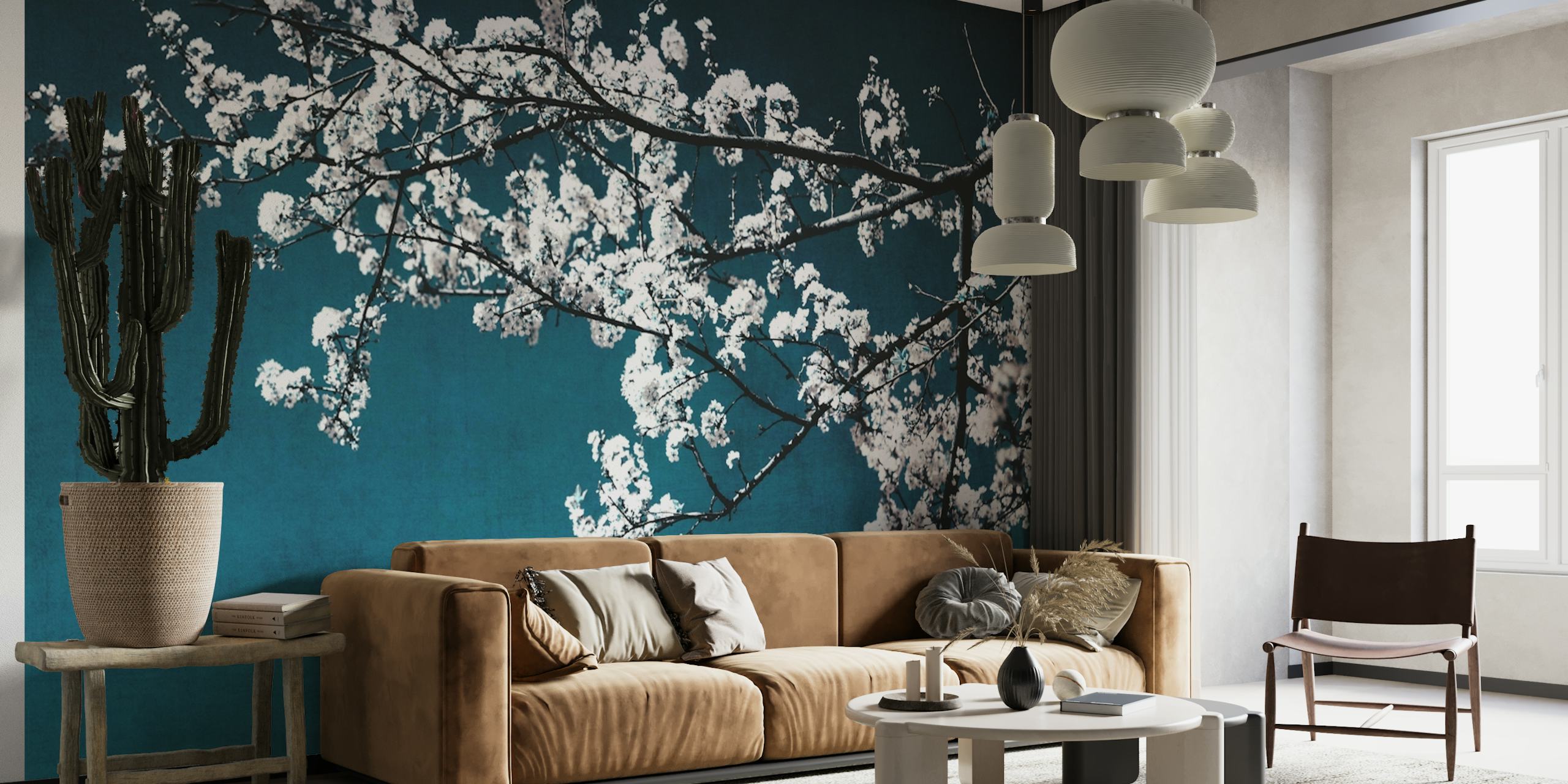 White Flower Tree on Teal wallpaper