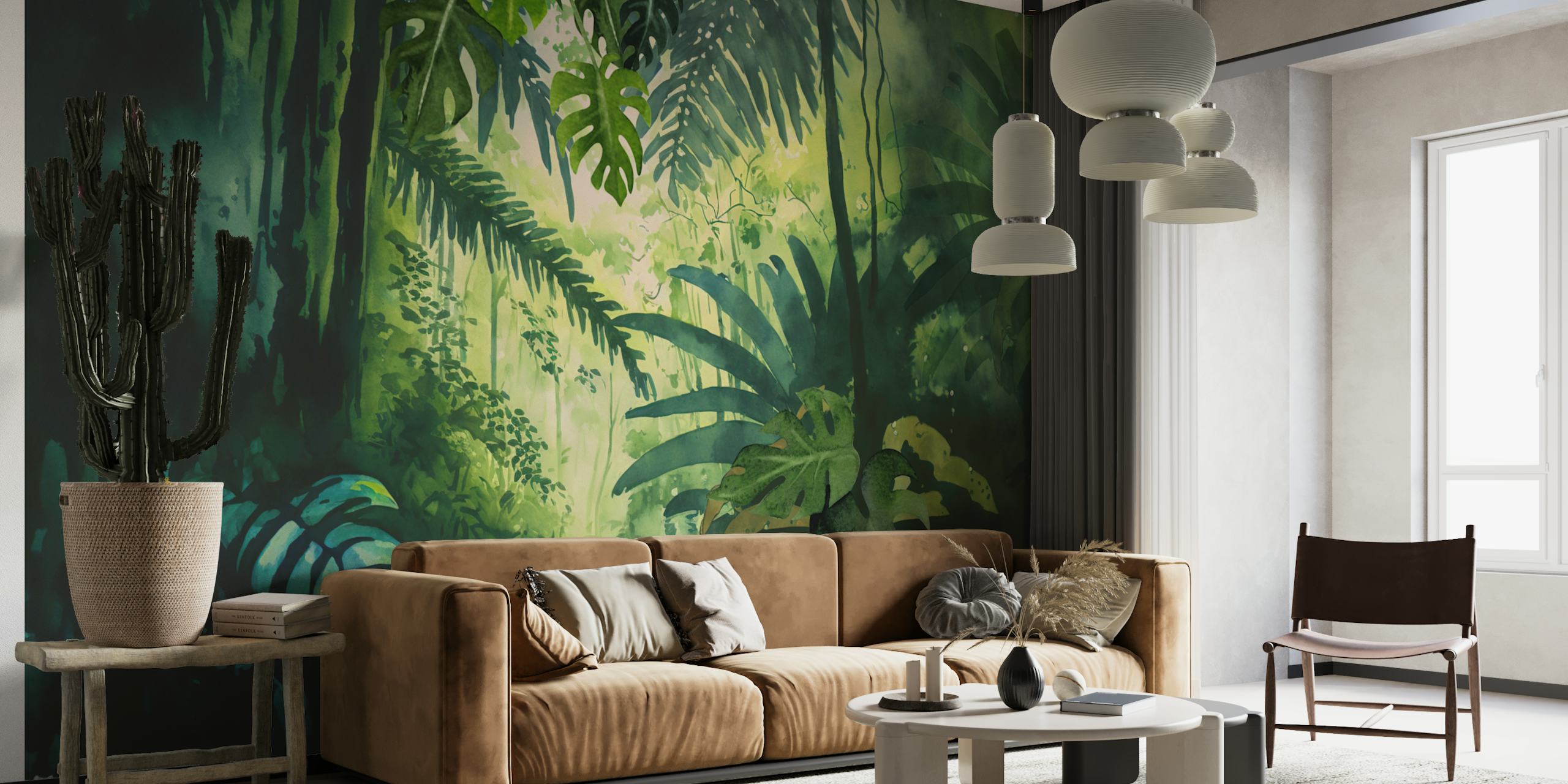 Tropical jungle with green leaves and plants wallpaper
