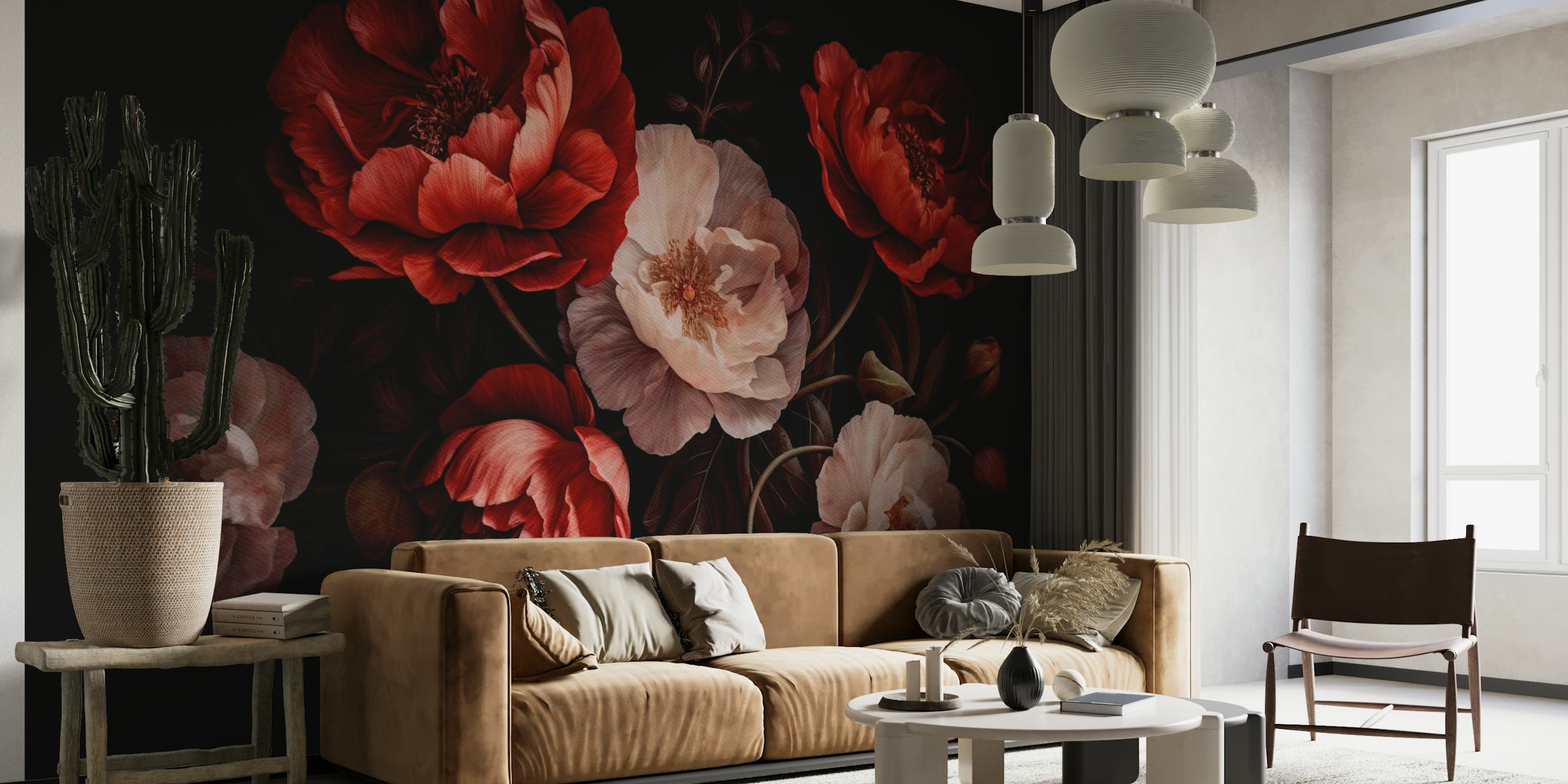 Moody Opulent Red Baroque Night Flower Peonies Tapete in einem Zimmer