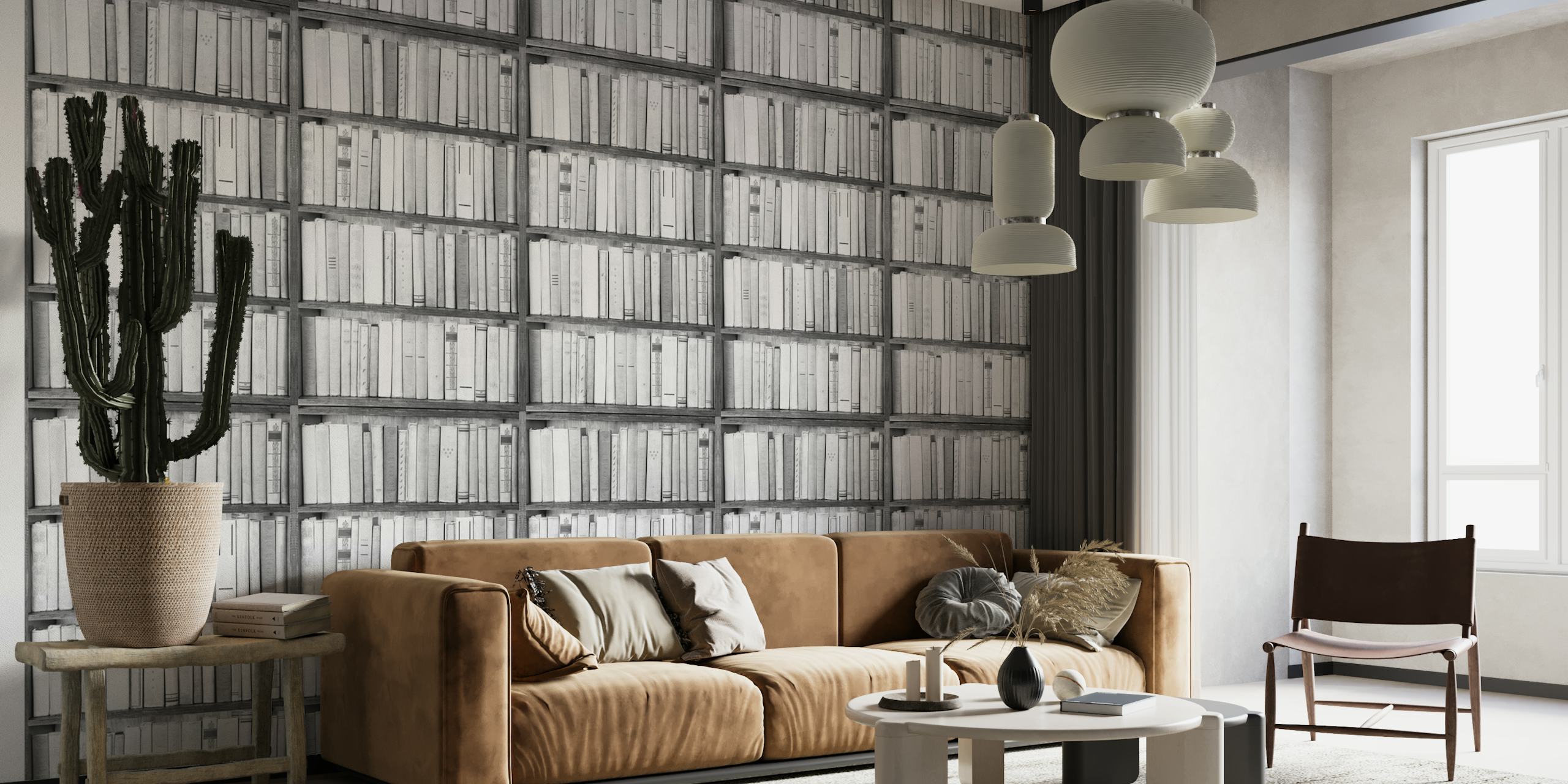 Unique black and white bookshelf wallpaper design