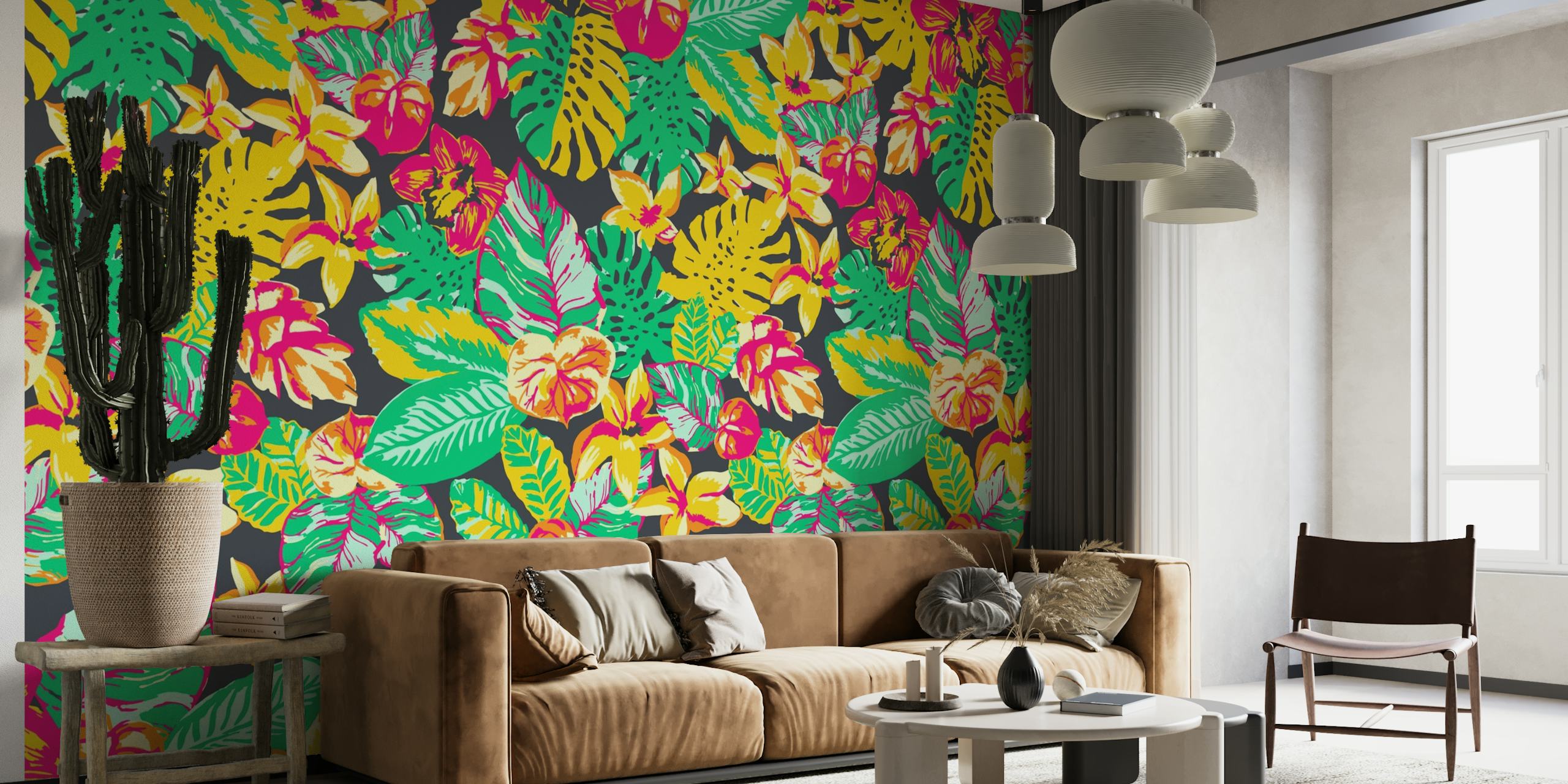 Värikäs trooppinen viidakkokuvioinen seinämaalaus, jossa eksoottisia lehtiä ja kukkia