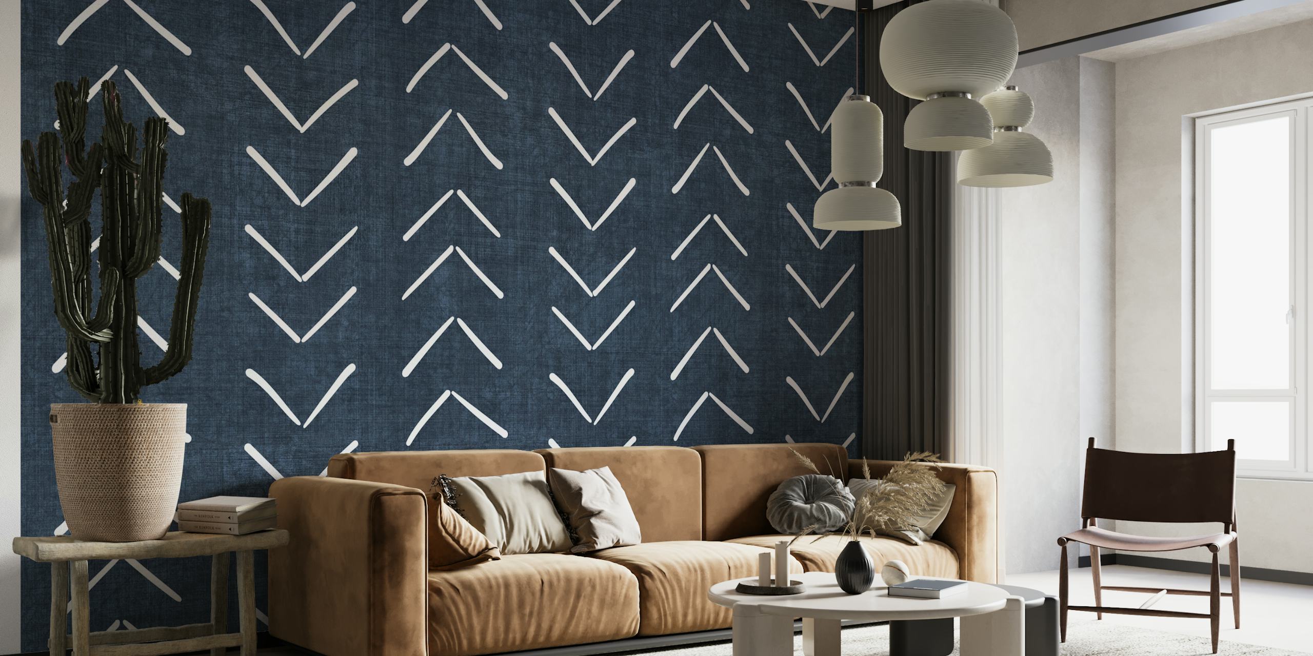 Marineblauw fotobehang met groot pijlpatroon voor een modern interieur