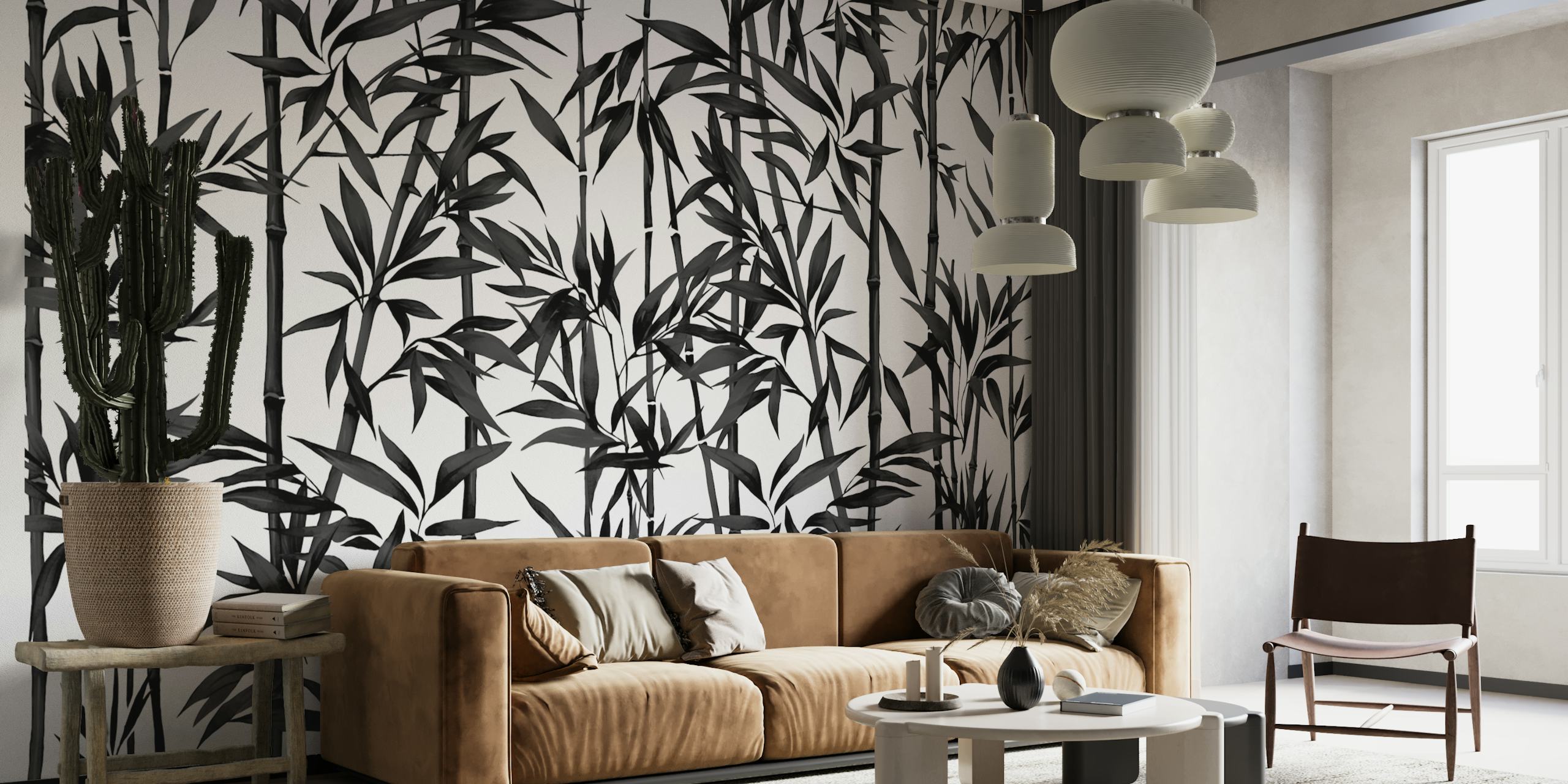 Black and white bamboo leaves and stalks pattern wallpaper