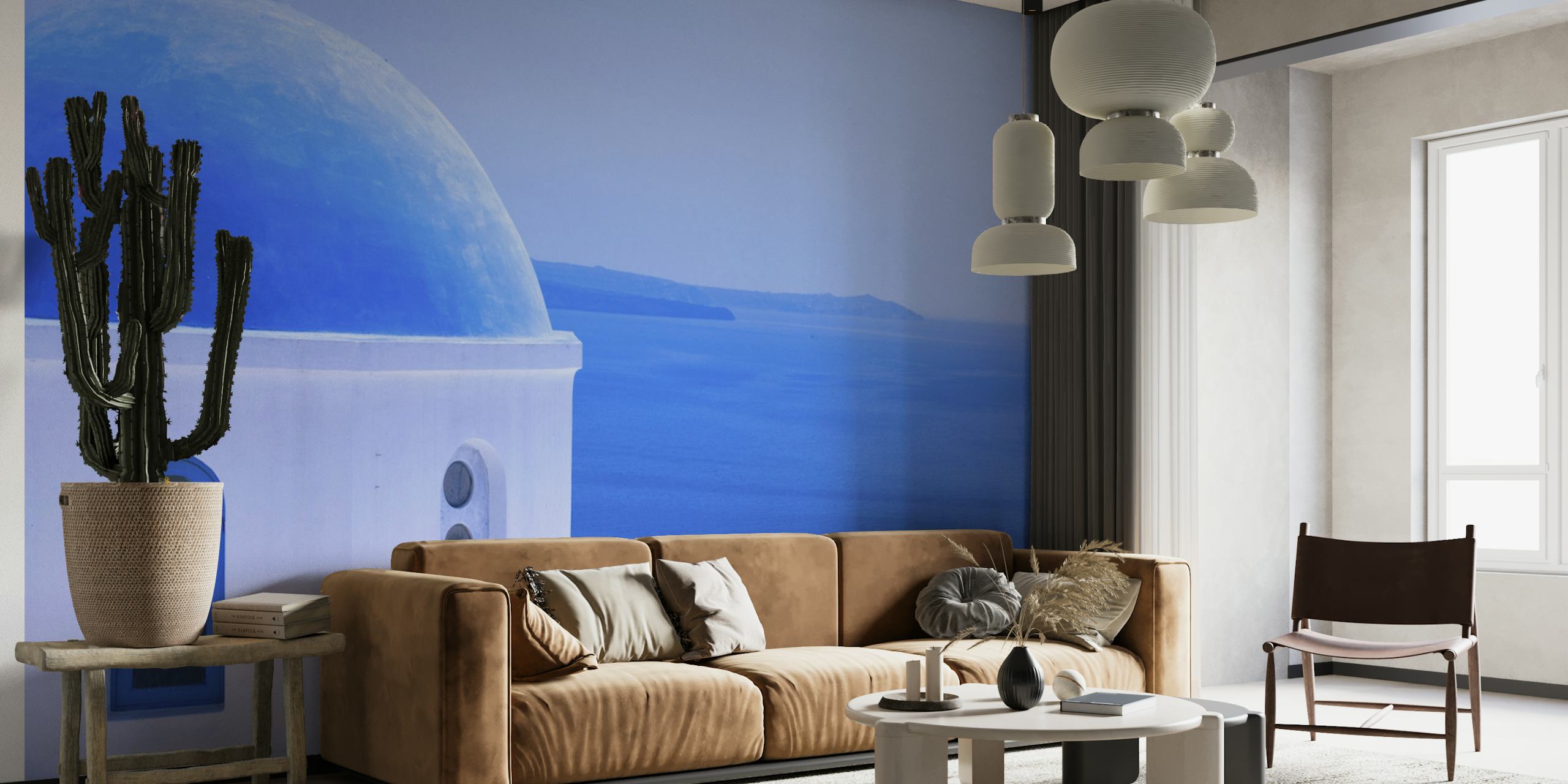 Santorini Island wall mural featuring iconic blue domed church and sea view