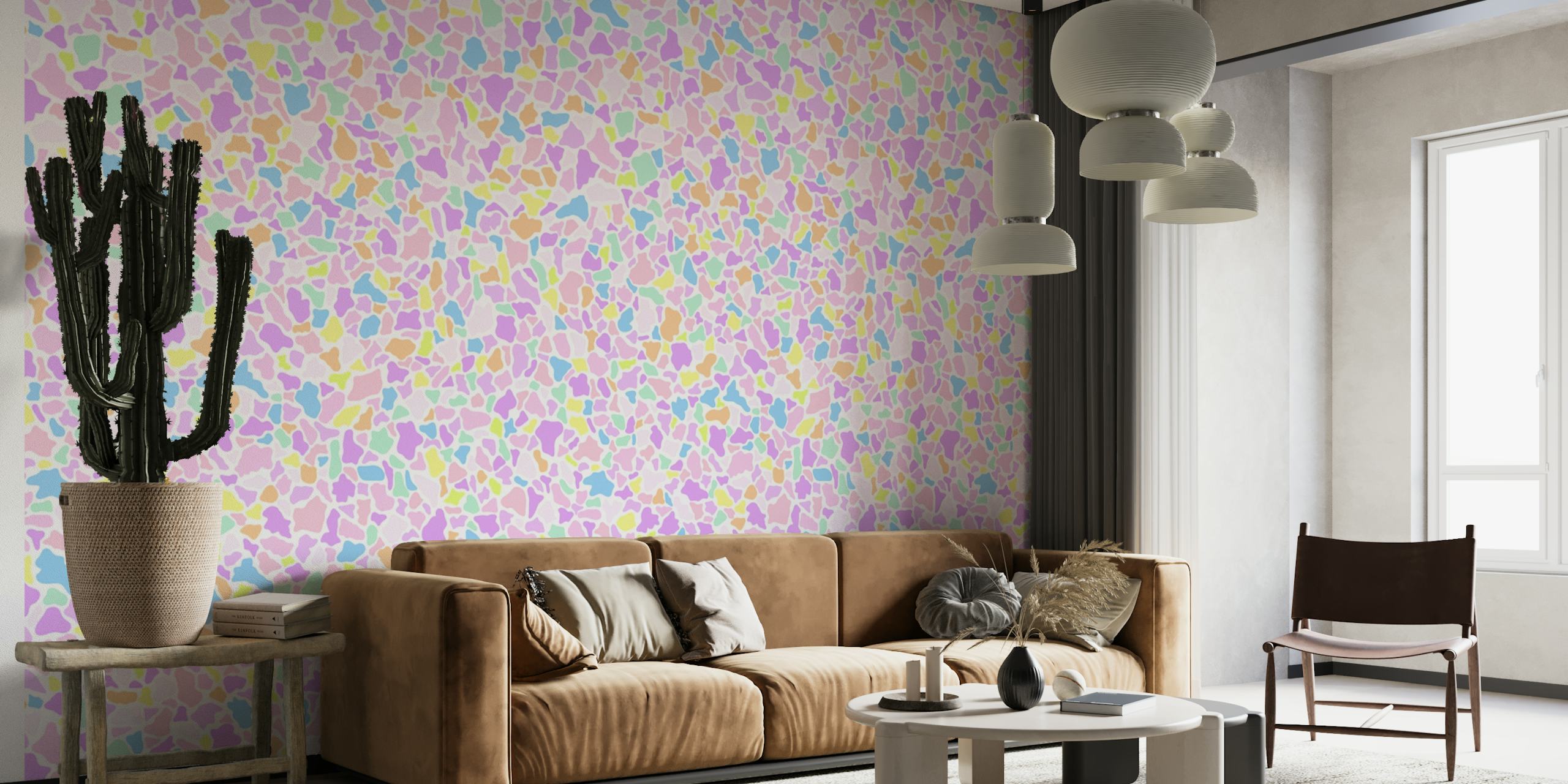 Värikäs mosaiikkikuvioinen seinätapetti pastellisävyillä