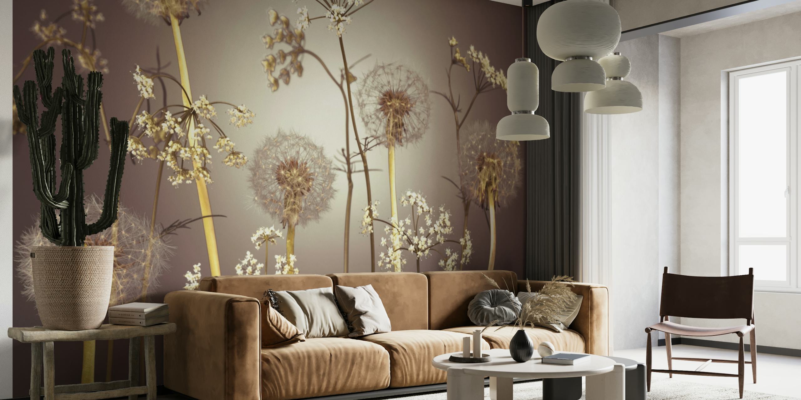 Elegant dandelions and wildflowers wall mural with neutral tones