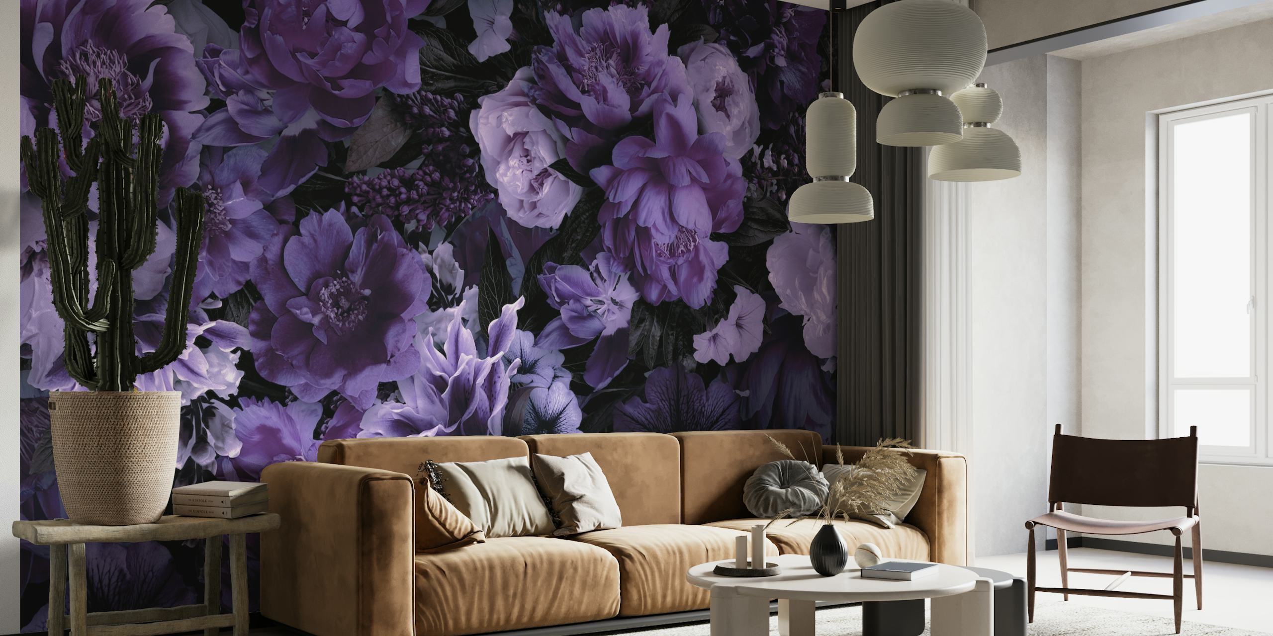 Weelderige paarse bloemenbarokpatroon muurschildering