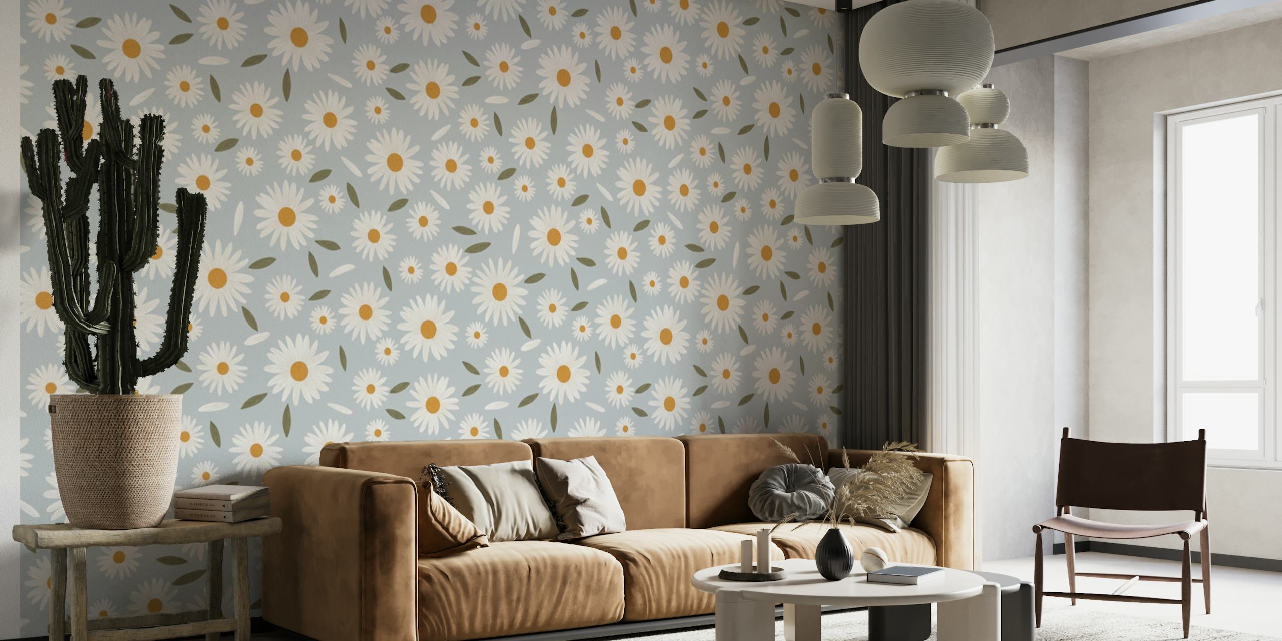 Daisies and blue floral wallpaper in room