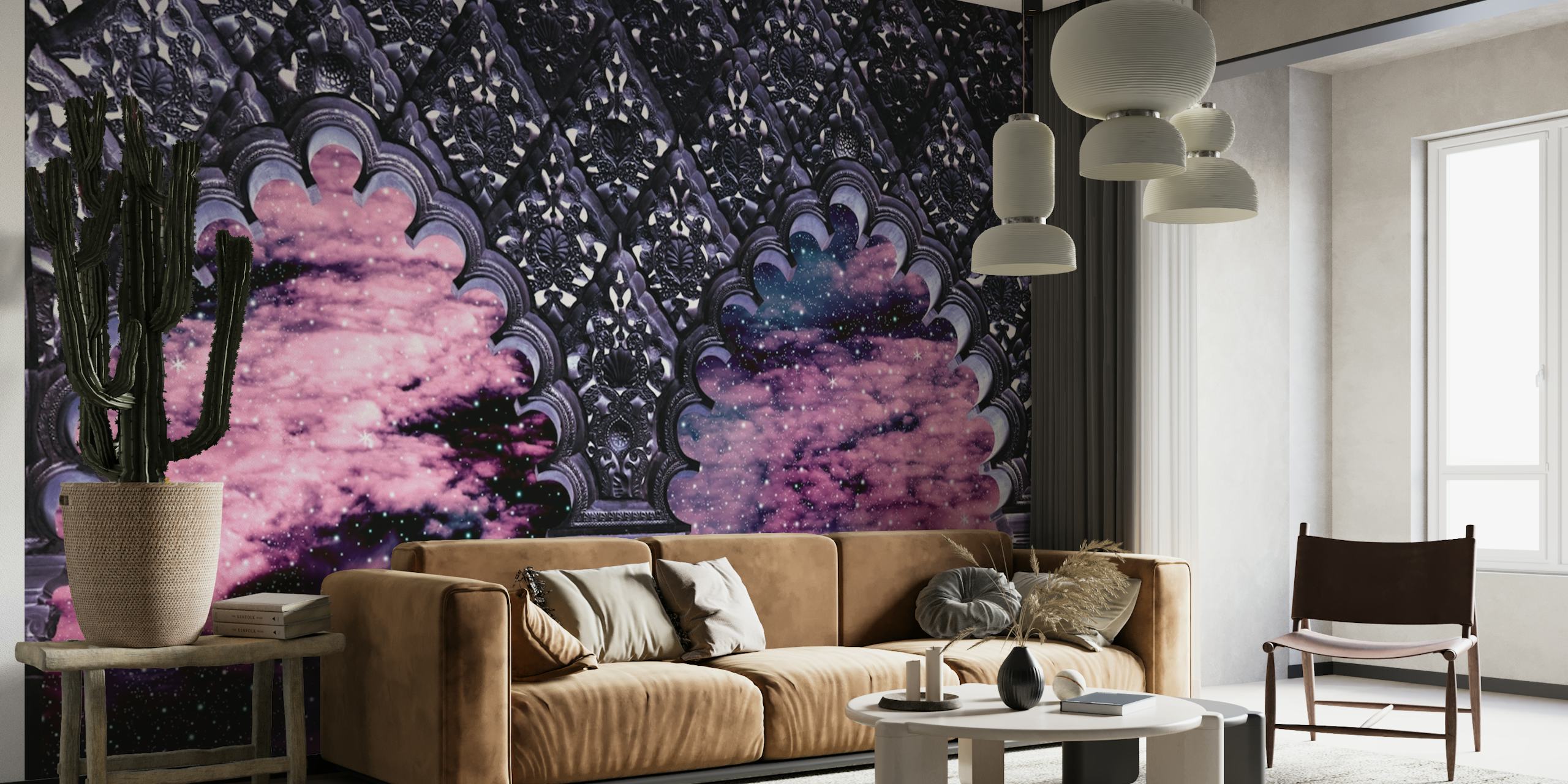 Cosmic nebula wall mural with purple and blue arches resembling a star-filled night sky