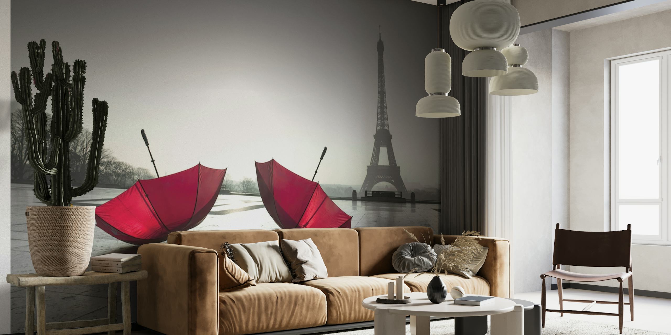 Parisian scene with red umbrellas in front of the Eiffel Tower on a misty morning.