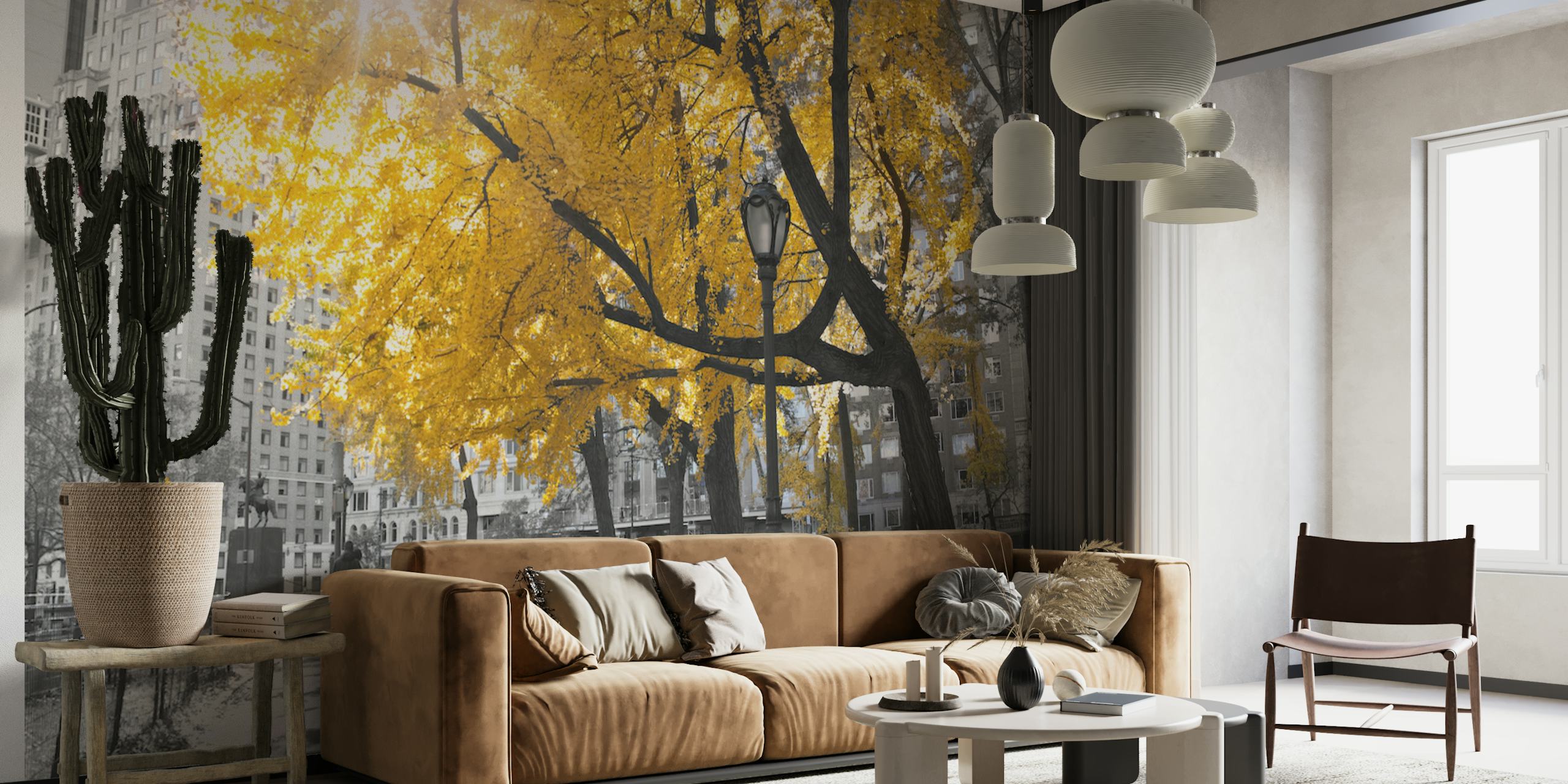 Yellow autumn leaves with black and white buildings wallpaper
