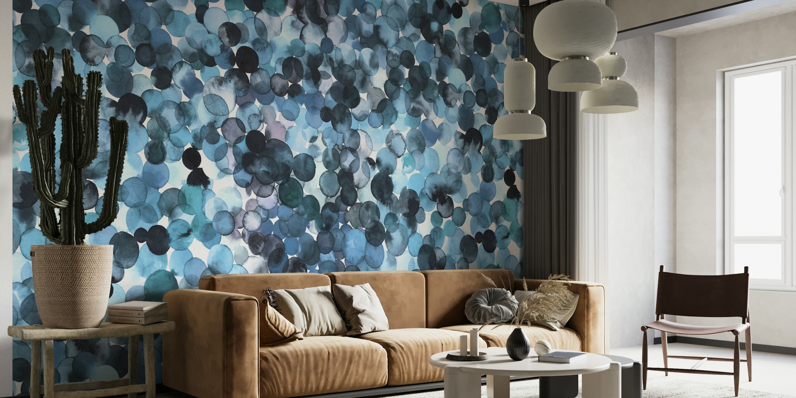Overlapped abstract watercolor dots in shades of blue and purple wall mural
