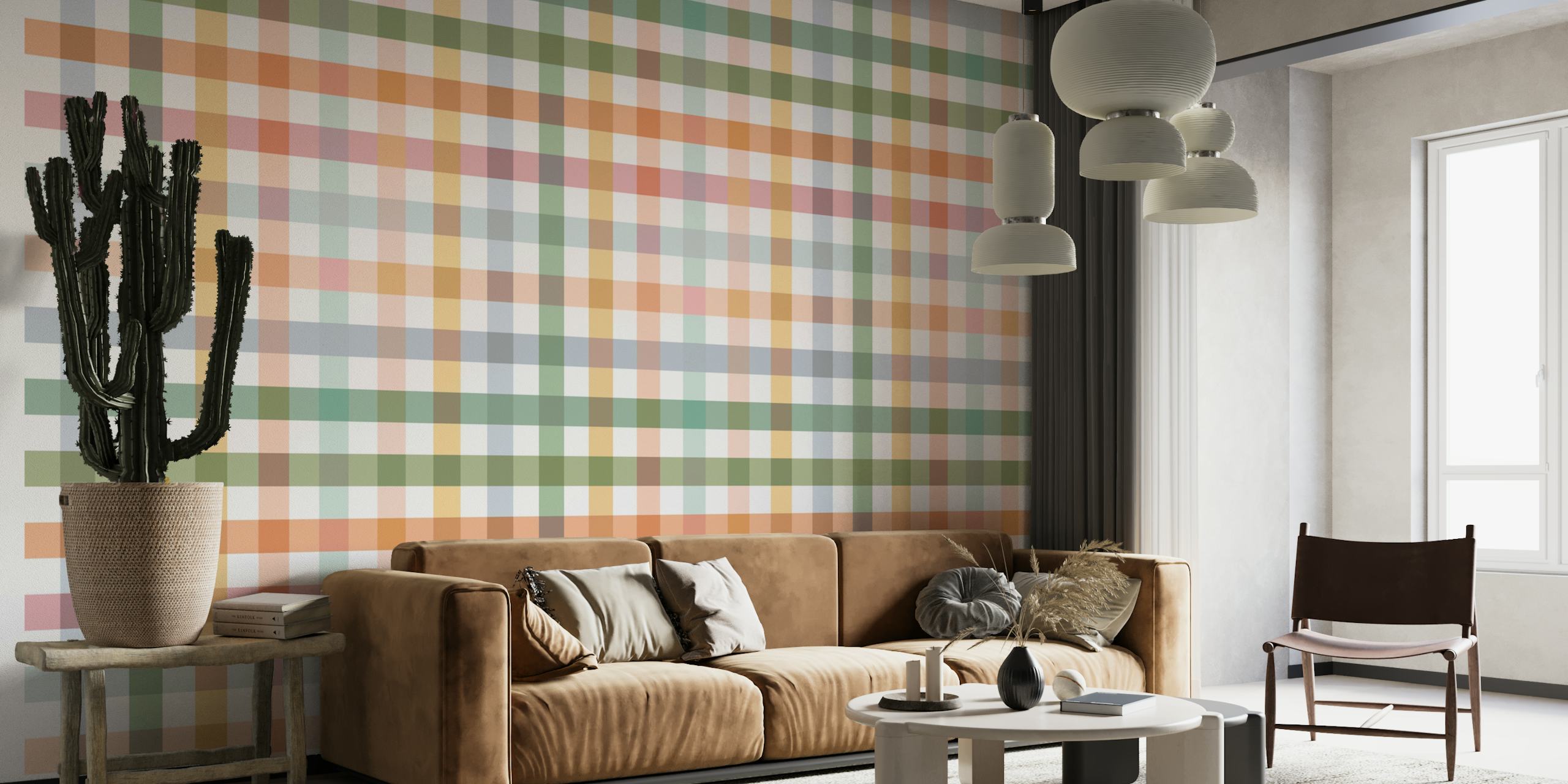 Colorful checkered pattern in green, orange, pink, and white wallpaper