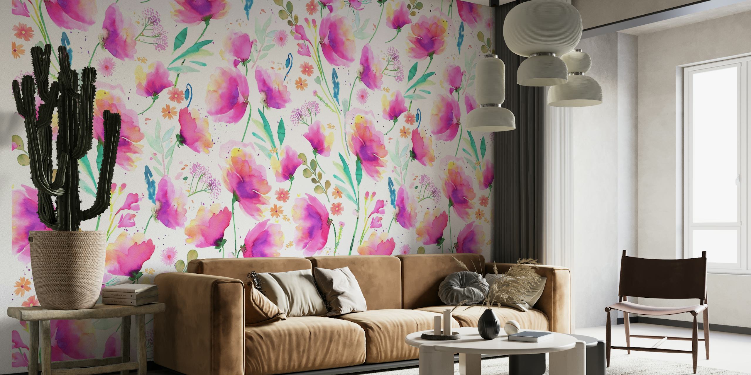 Soft pink and green watercolor poppies pattern for wall mural
