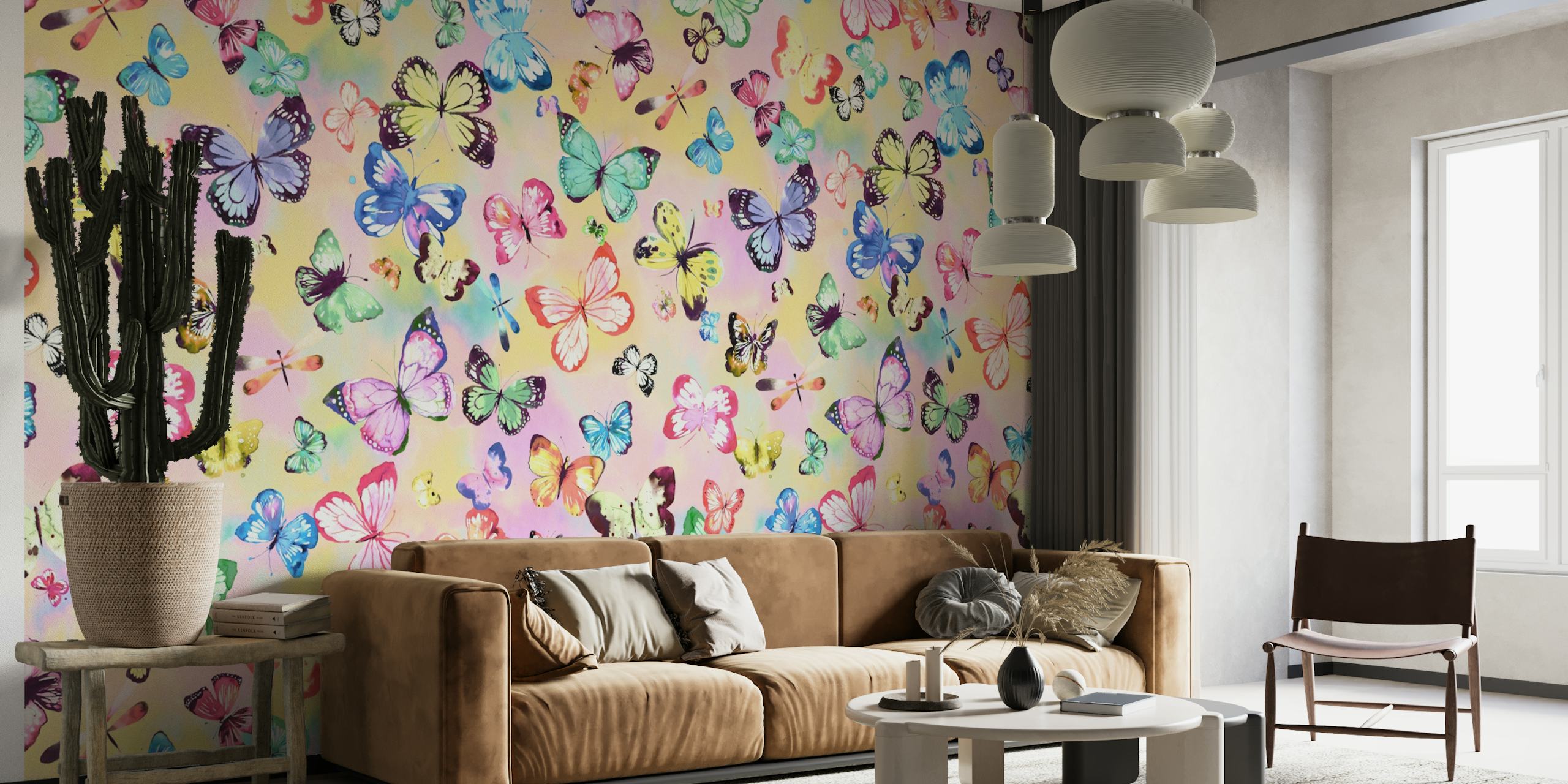 Kleurrijk vlinderpatroon op pastelkleurige achtergrondmuurschildering