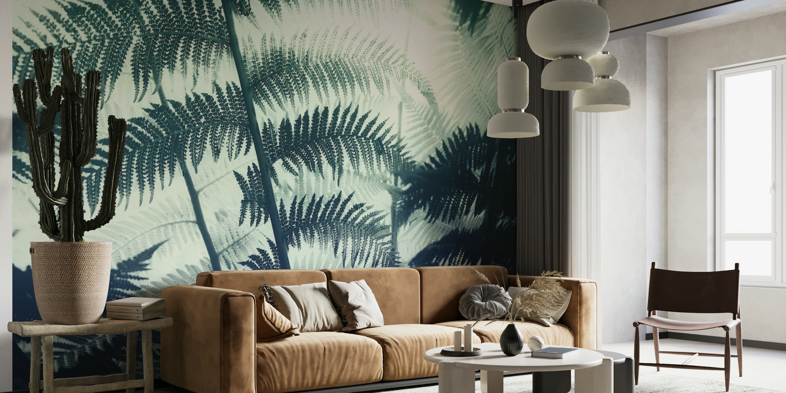 Illuminated Fern Leaves wall mural with shadowy botanical patterns