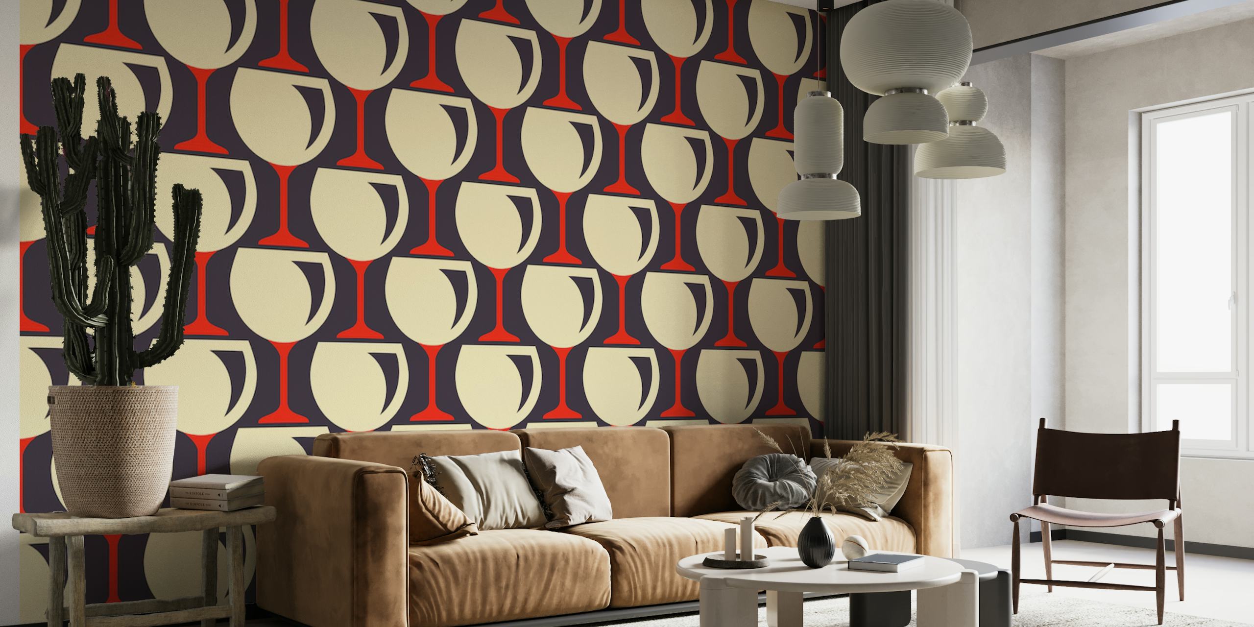 Red wine glasses pattern with cream background - wallpaper