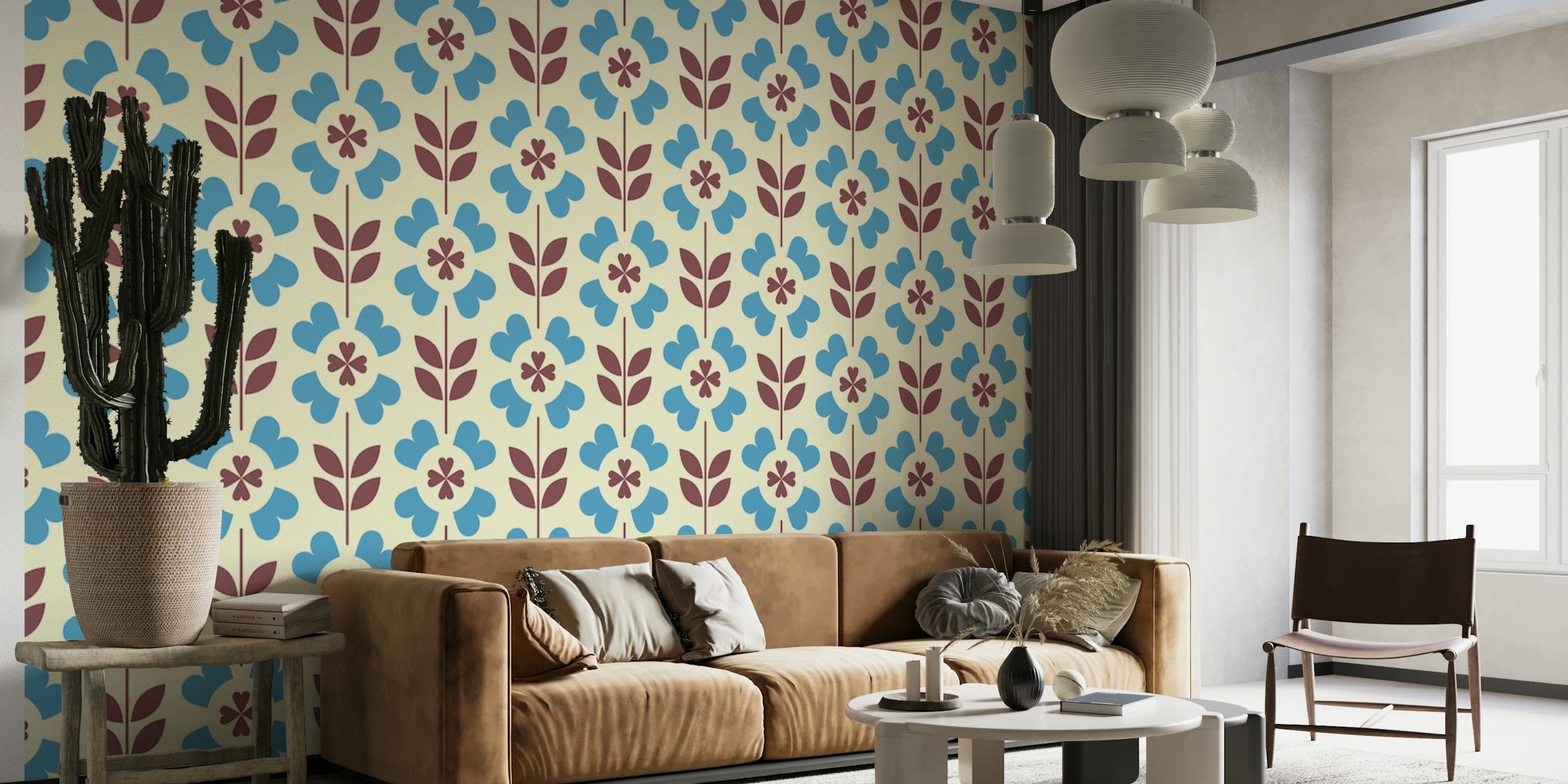 Vintage blue and burgundy floral pattern wall mural