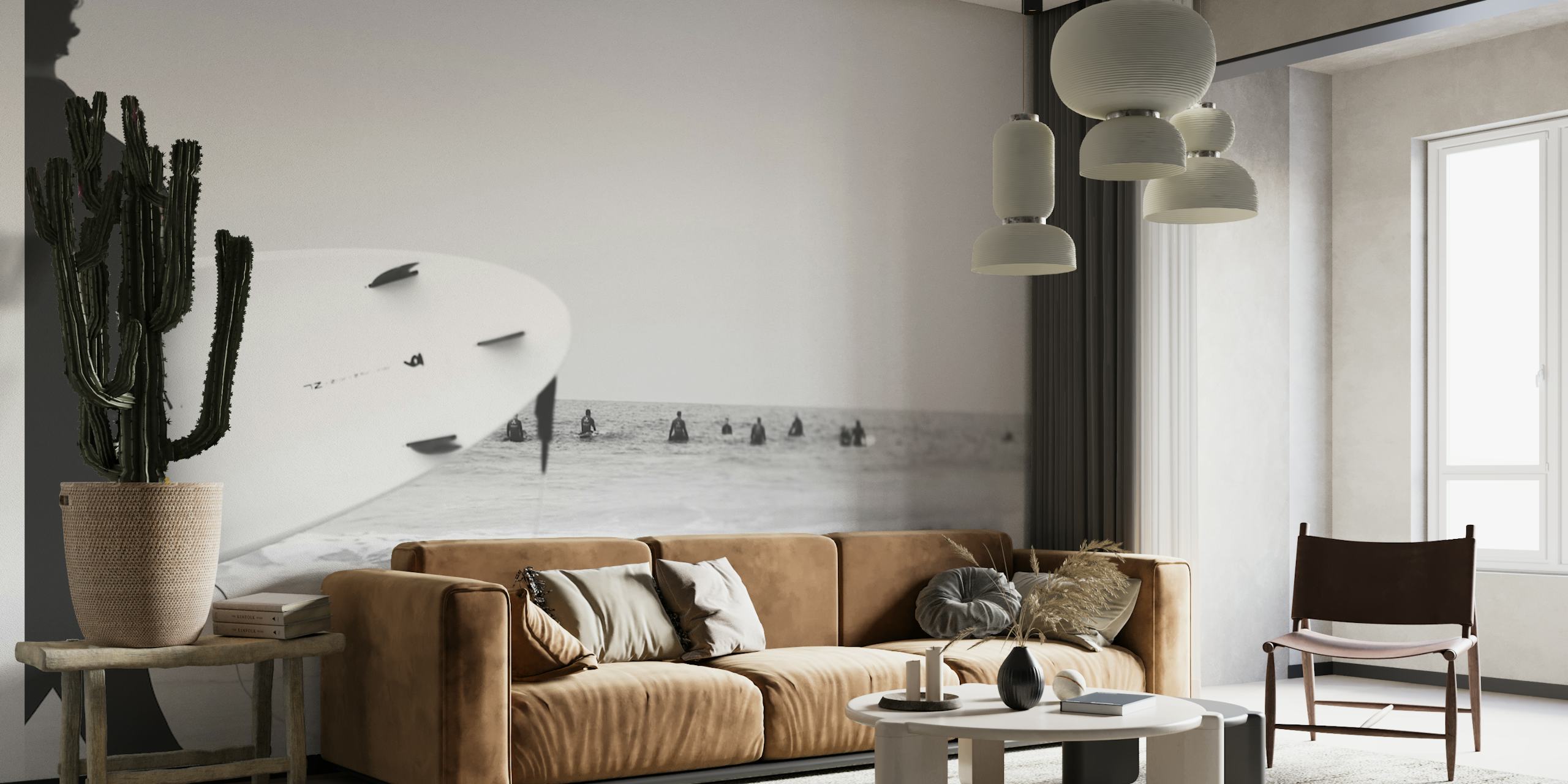 Papier peint mural silhouette de surfeur monochrome avec en toile de fond des vagues sereines de l'océan