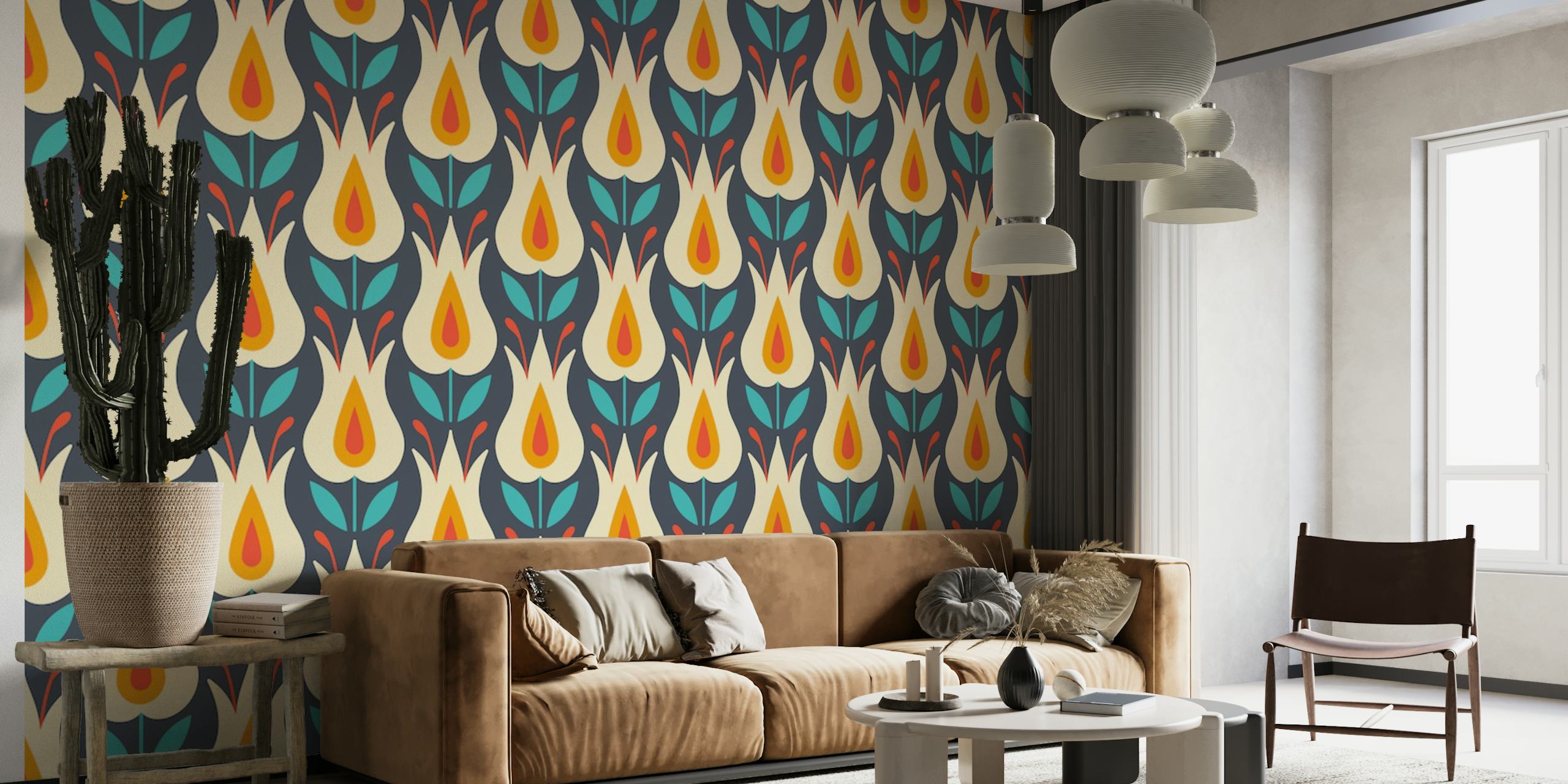 Abstract floral wall mural with warm tones and rhythmic patterns