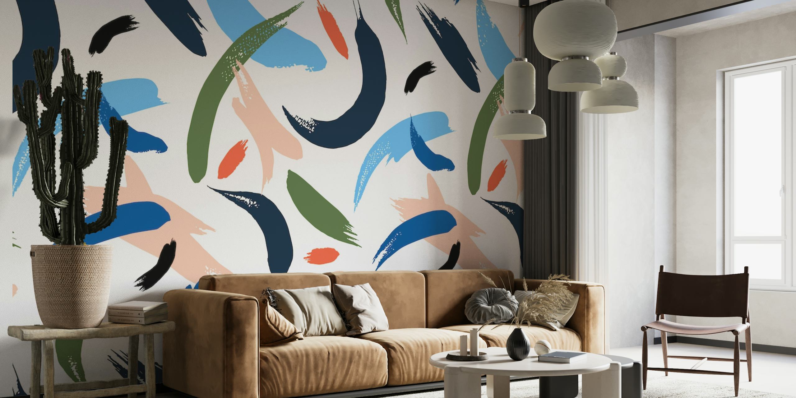Abstract wall mural with teal, salmon, black, and olive brushstrokes on a white background
