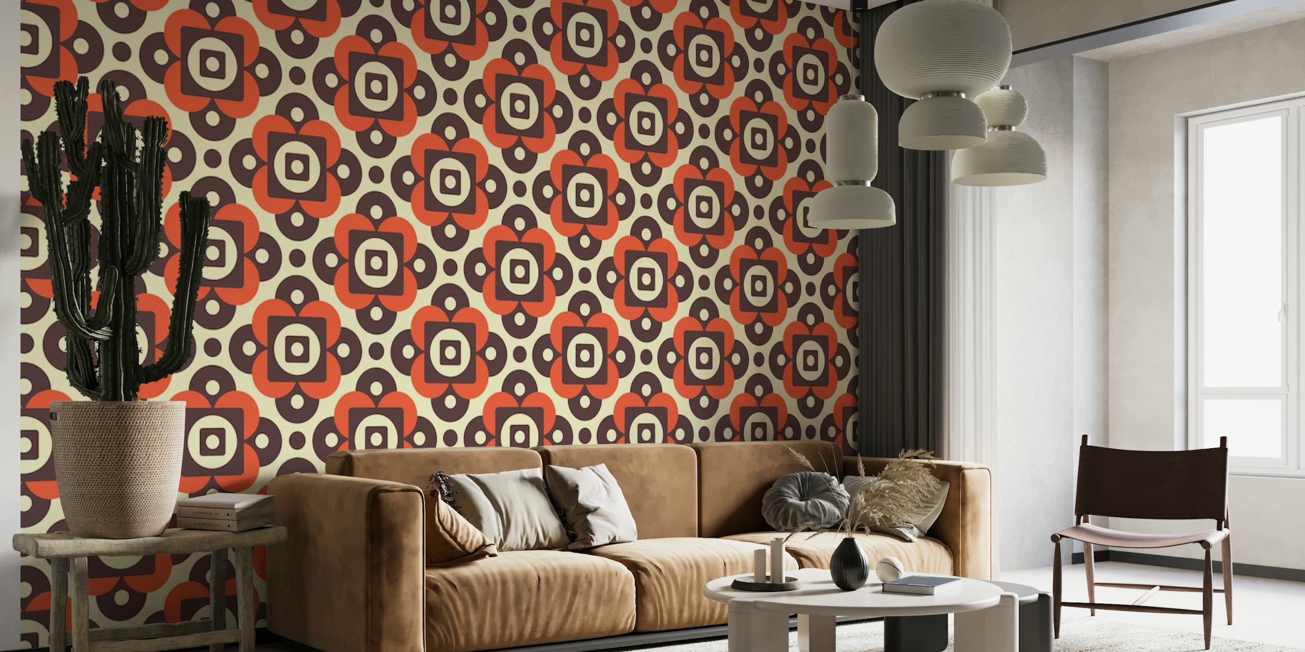 Fotomural vinílico de parede com padrão geométrico vintage e paleta de cores quentes